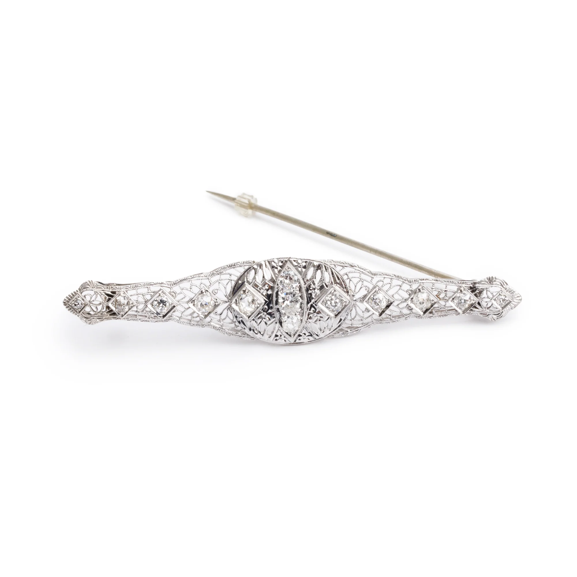 Antique 10k White Gold Diamond Filigree Bar Brooch - Image 3