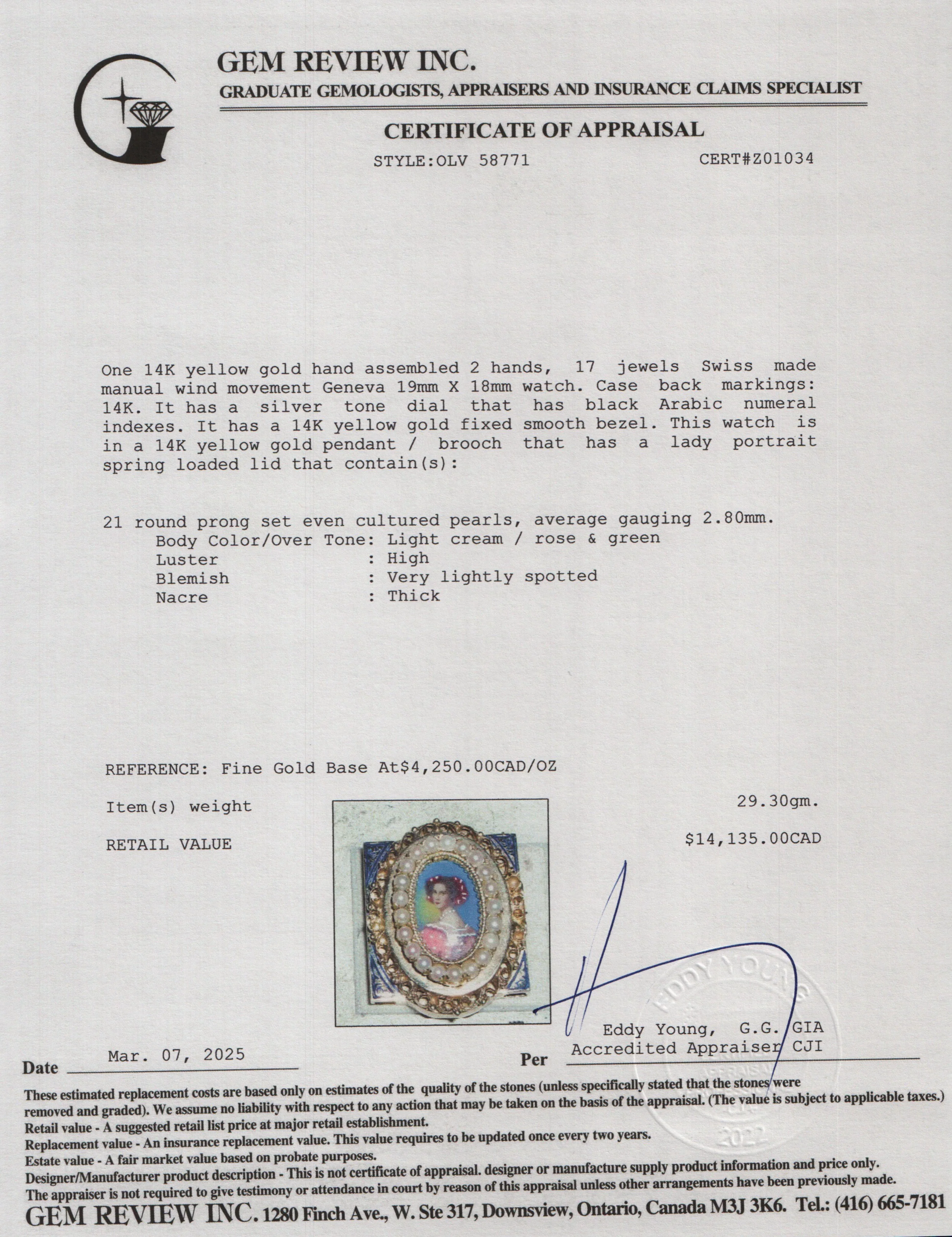 Antique 14k Yellow Gold Pearl Lady Portrait Watch Brooch/Pendant - Image 4