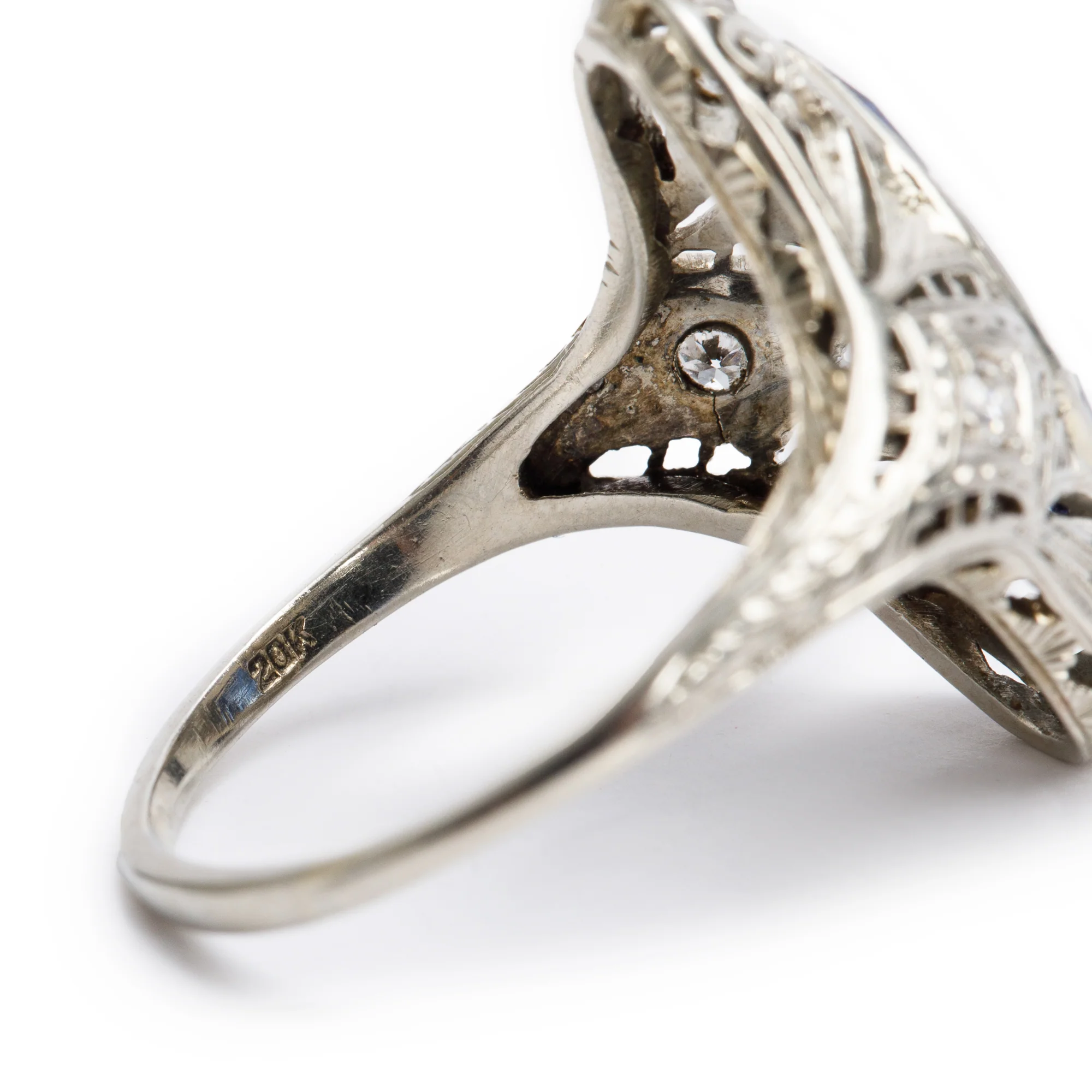 Antique 18k-20k White Gold Sapphire & Diamond Filigree Ring, Size 8.5 - Image 3