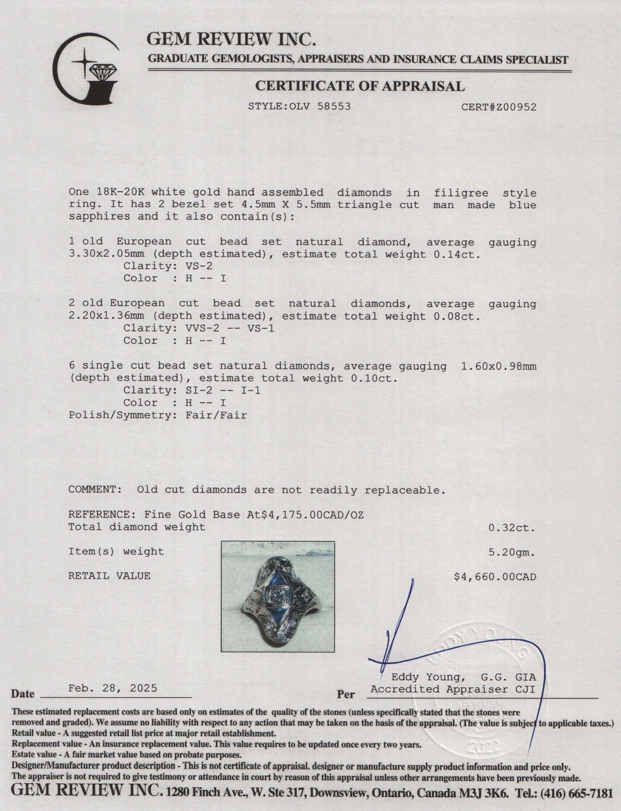 Antique 18k-20k White Gold Sapphire & Diamond Filigree Ring, Size 8.5 - Image 4