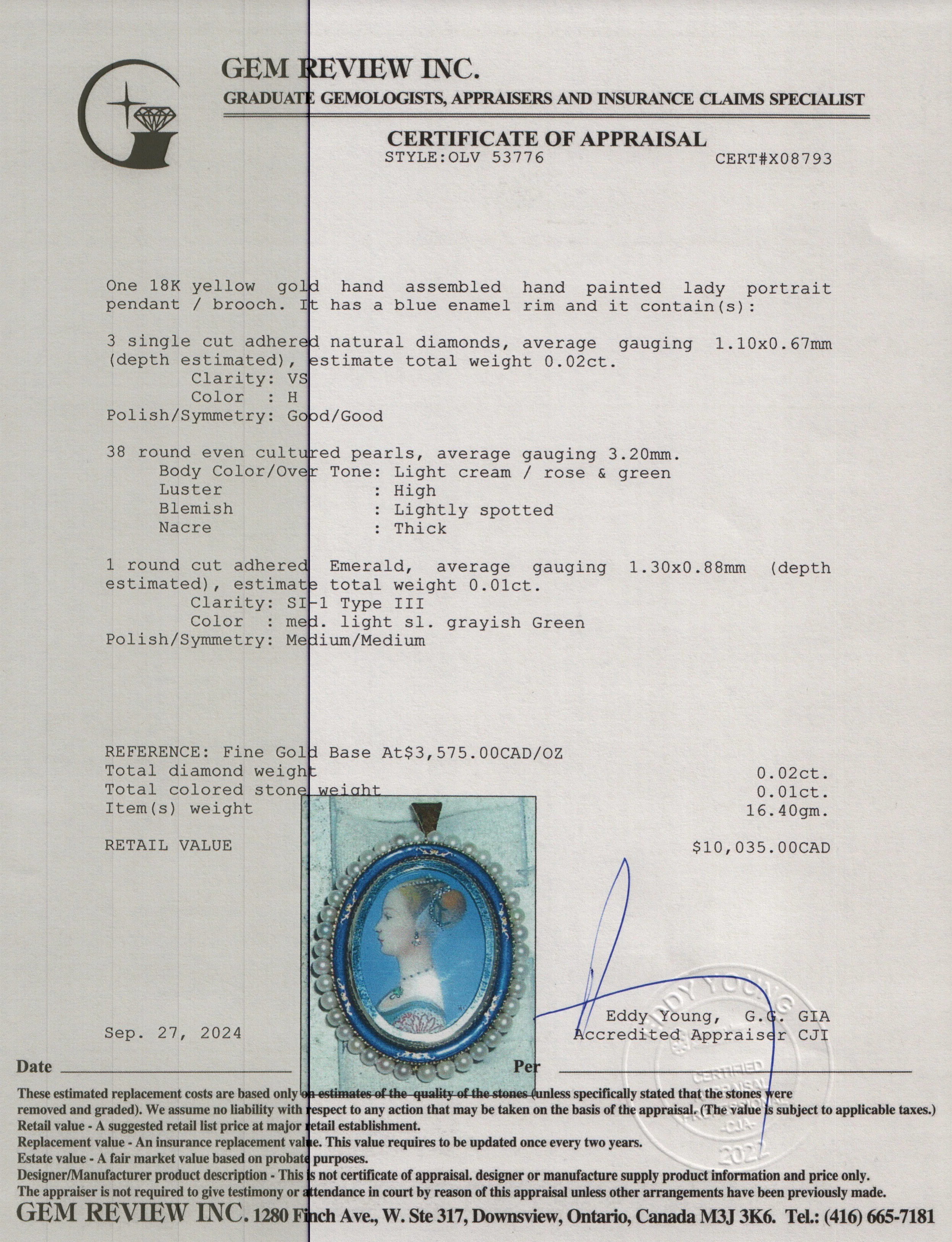 Antique 18k Yellow Gold Diamond, Pearl & Emerald Lady Portrait Brooch/Pendant - Image 3