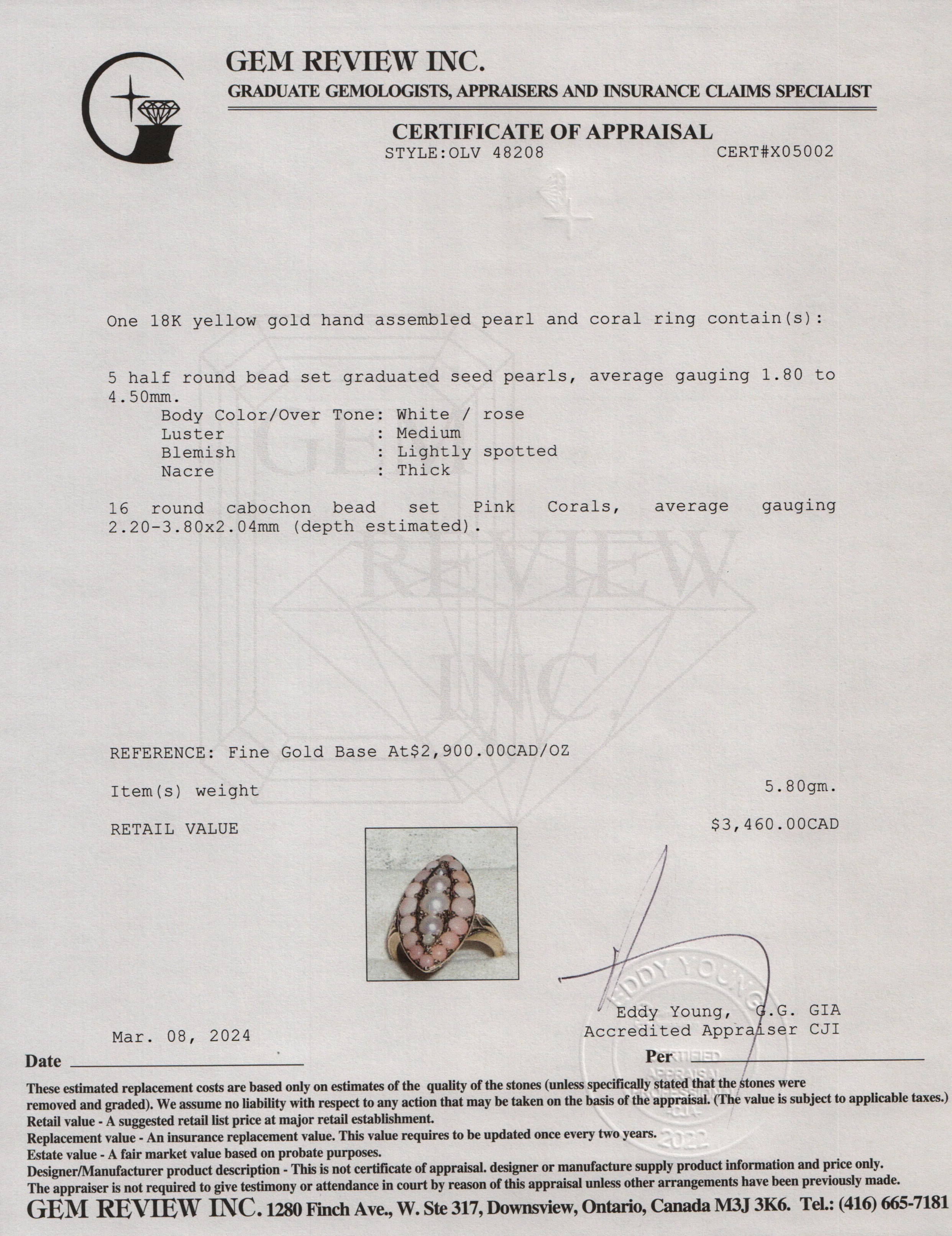 Antique 18k Yellow Gold Pearl & Coral Bead Ring, Size 4.5 - Image 3