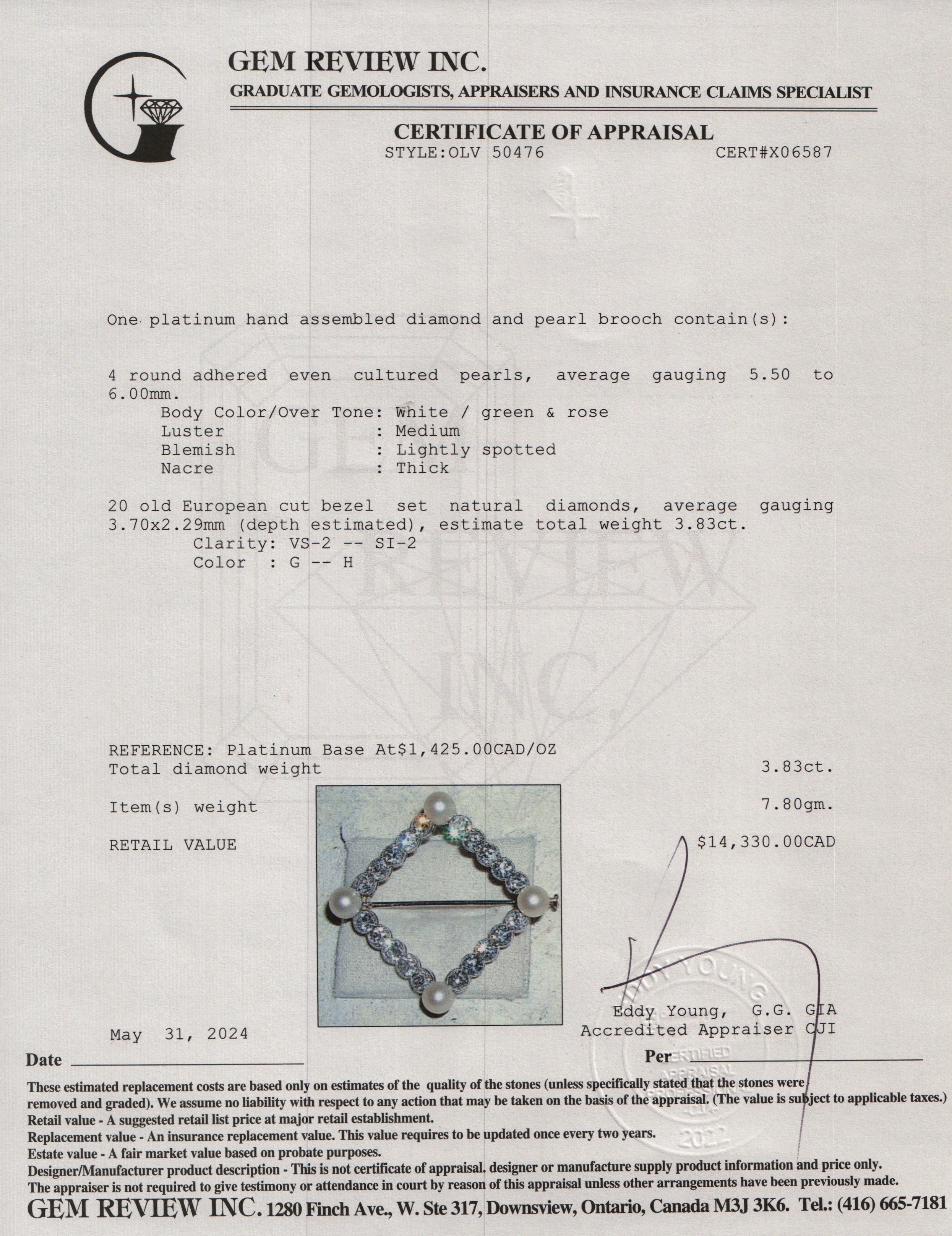 Antique Platinum Diamond & Pearl Pin Brooch w/ Box - Image 4