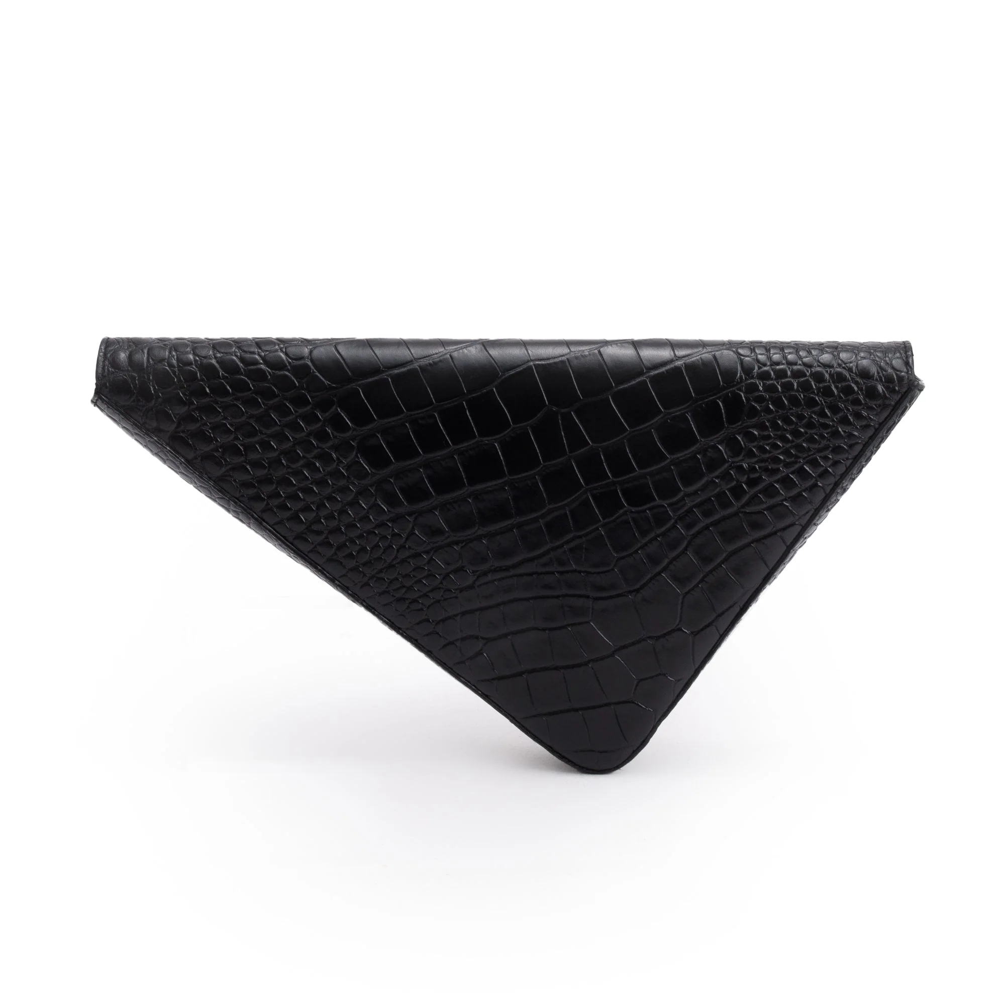 Balenciaga Black Croc-Embossed Calfskin Leather Triangle Clutch w/ Strap - Image 3