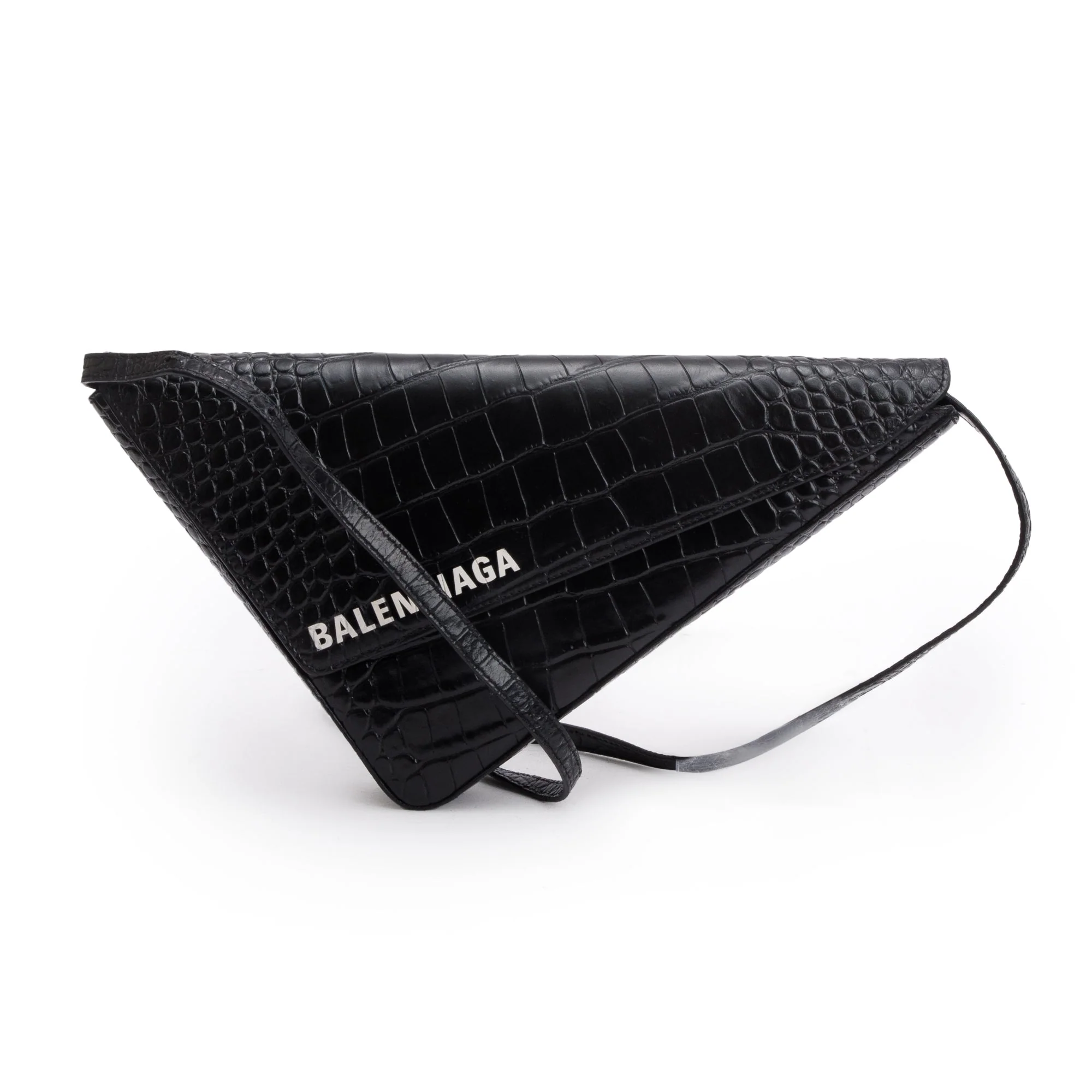 Balenciaga Black Croc-Embossed Calfskin Leather Triangle Clutch w/ Strap - Image 5