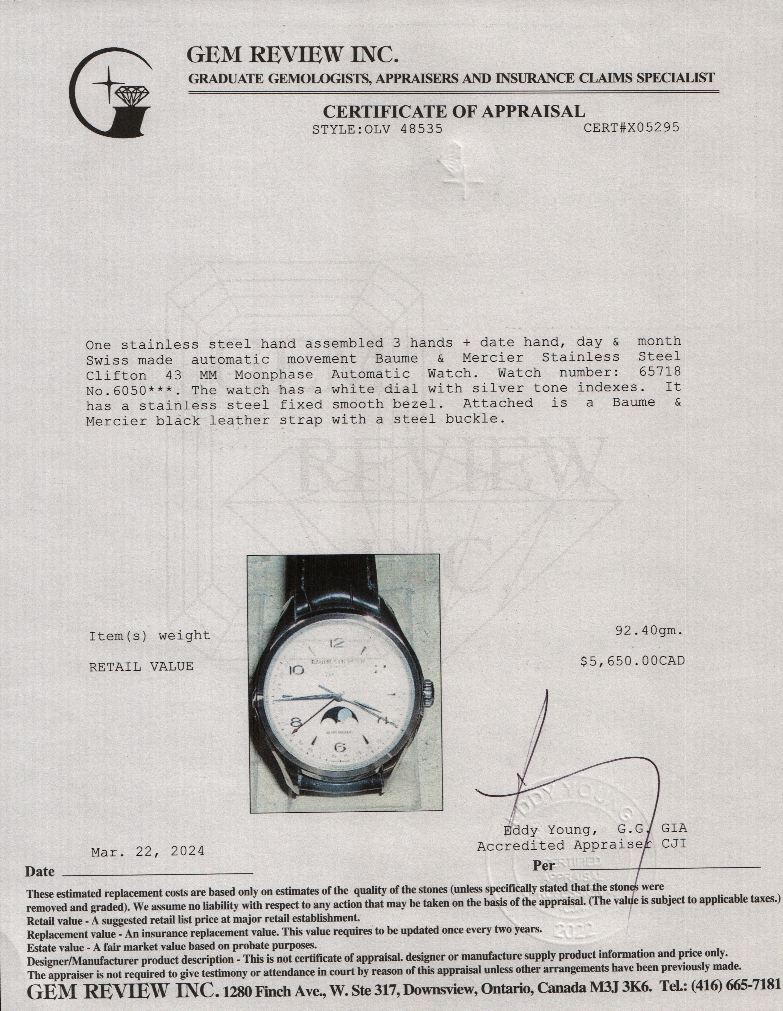 Baume & Mercier Stainless Steel Clifton 43 MM Moonphase Automatic Watch w/ Box & Papers - Image 7