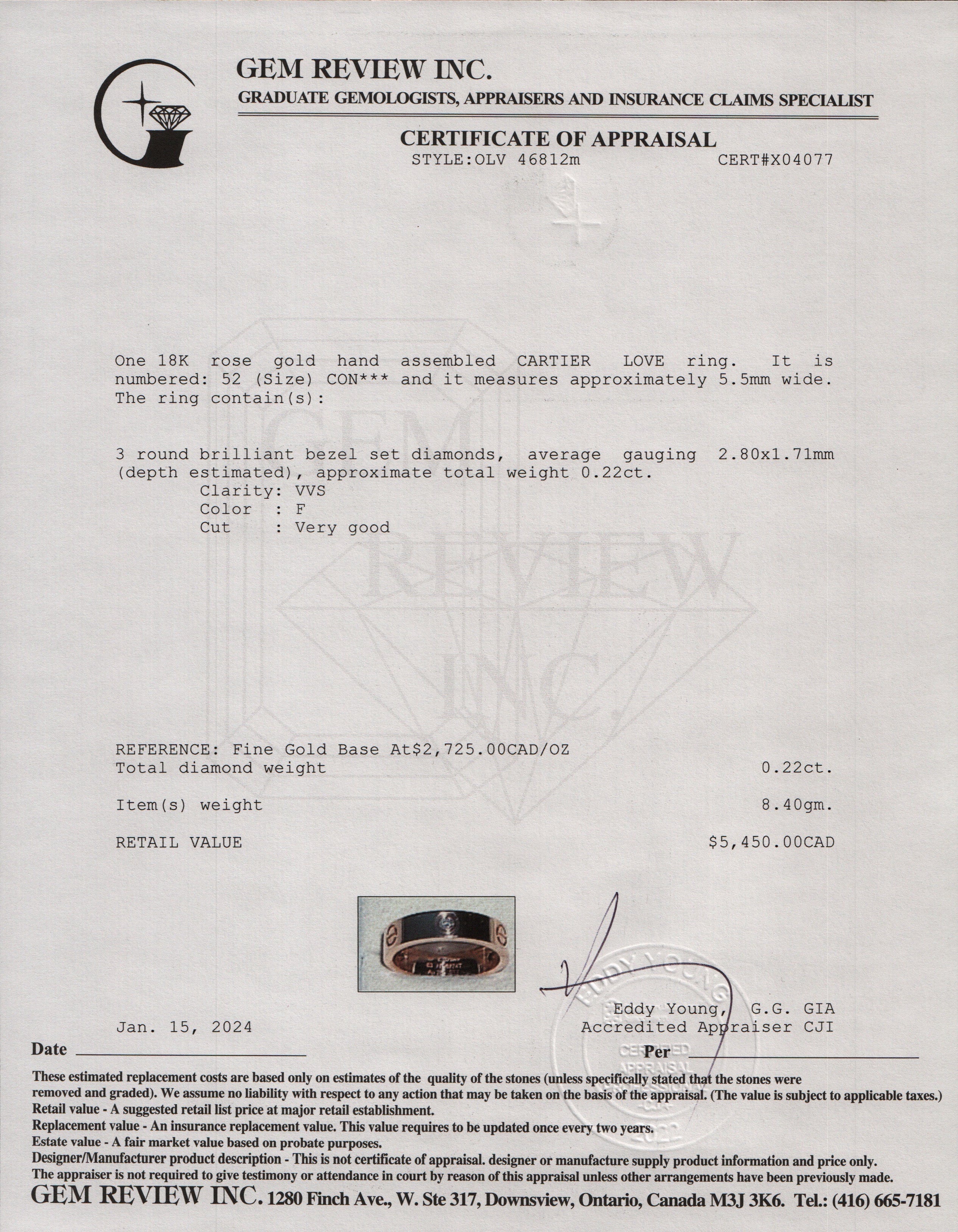 Cartier 18k Rose Gold 3 Diamond Love Ring, Size 52 6.25 w/ Box - Image 5