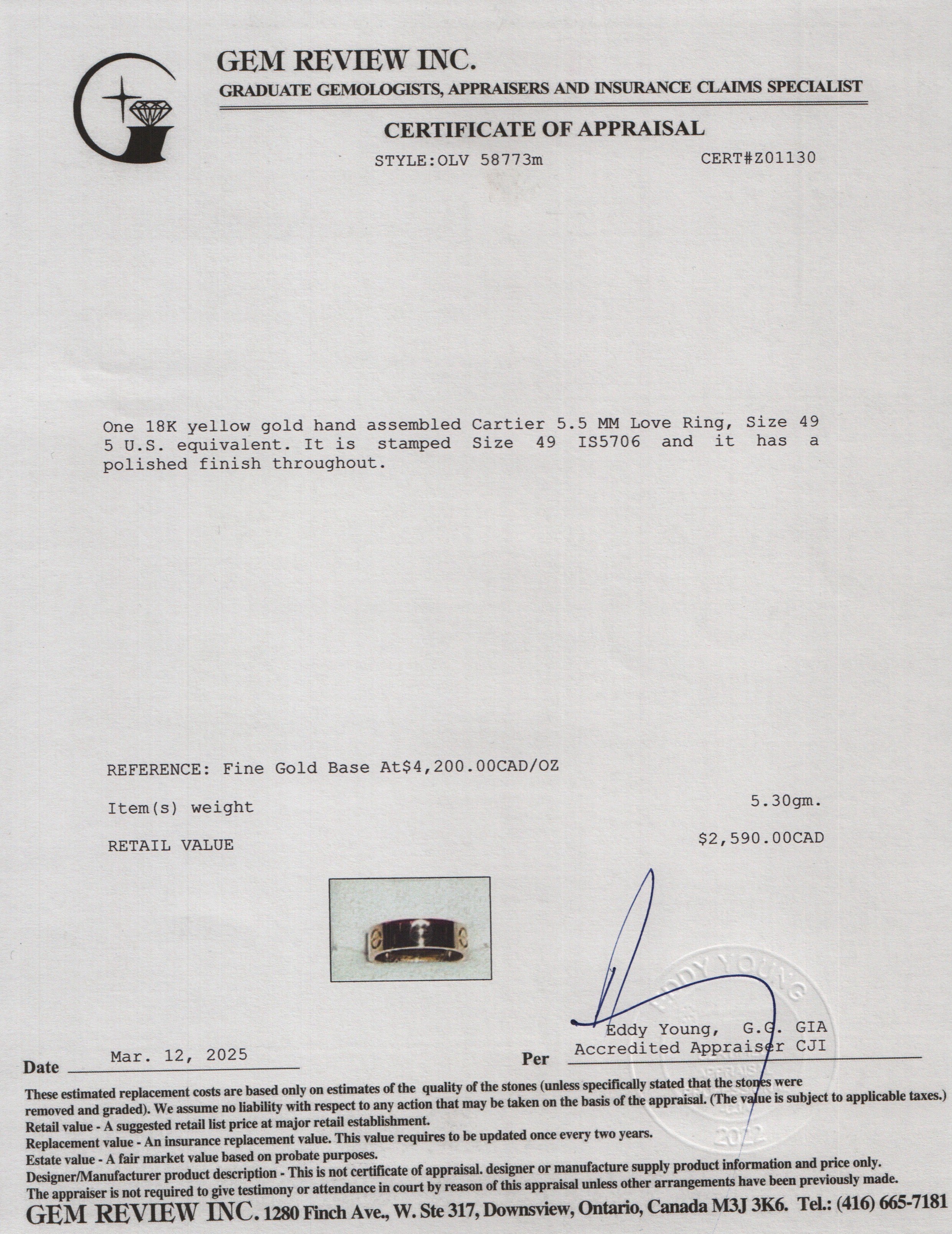 Cartier 18k Yellow Gold 5.5 MM Love Ring, Size 49 5 - Image 3