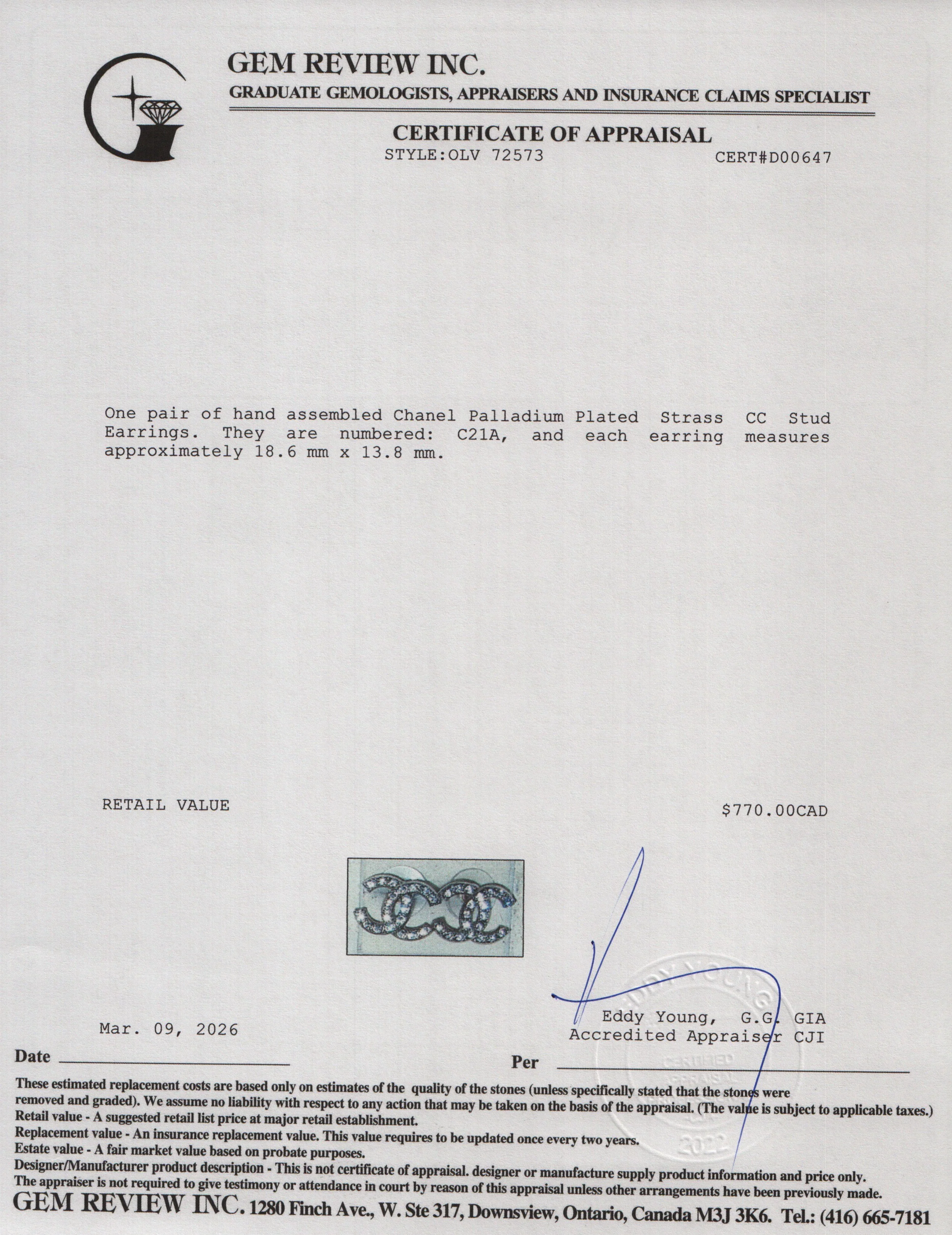 Chanel 2021 Palladium Plated Strass CC Stud Earrings w/ Box - Image 5