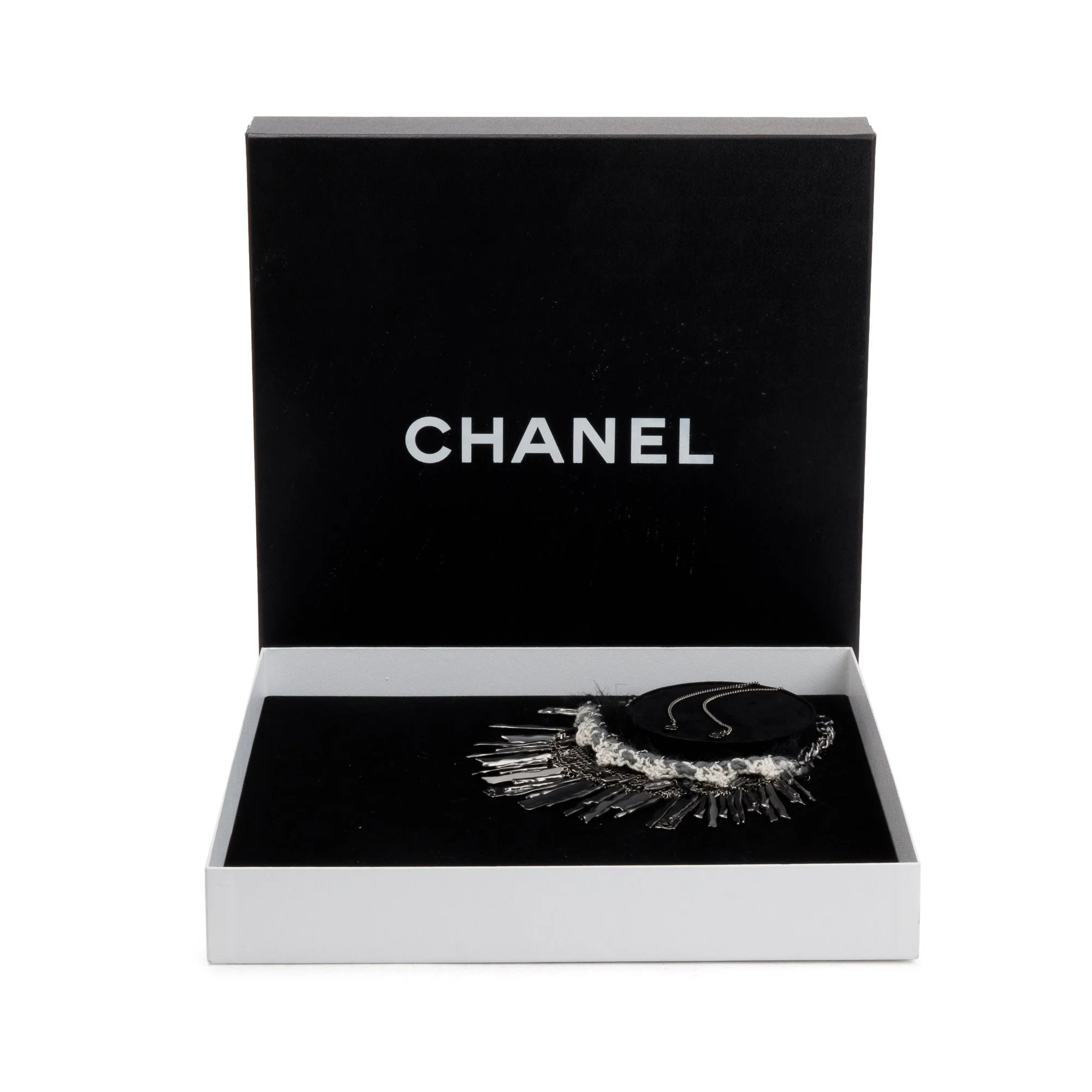 Chanel Ruthenium Faux Fur & Tweed Chainmail & CC Logo Fringe Necklace w/ Box - Image 3
