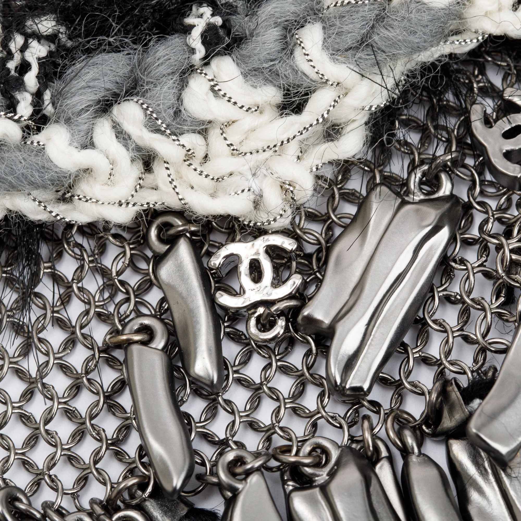 Chanel Ruthenium Faux Fur & Tweed Chainmail & CC Logo Fringe Necklace w/ Box - Image 5