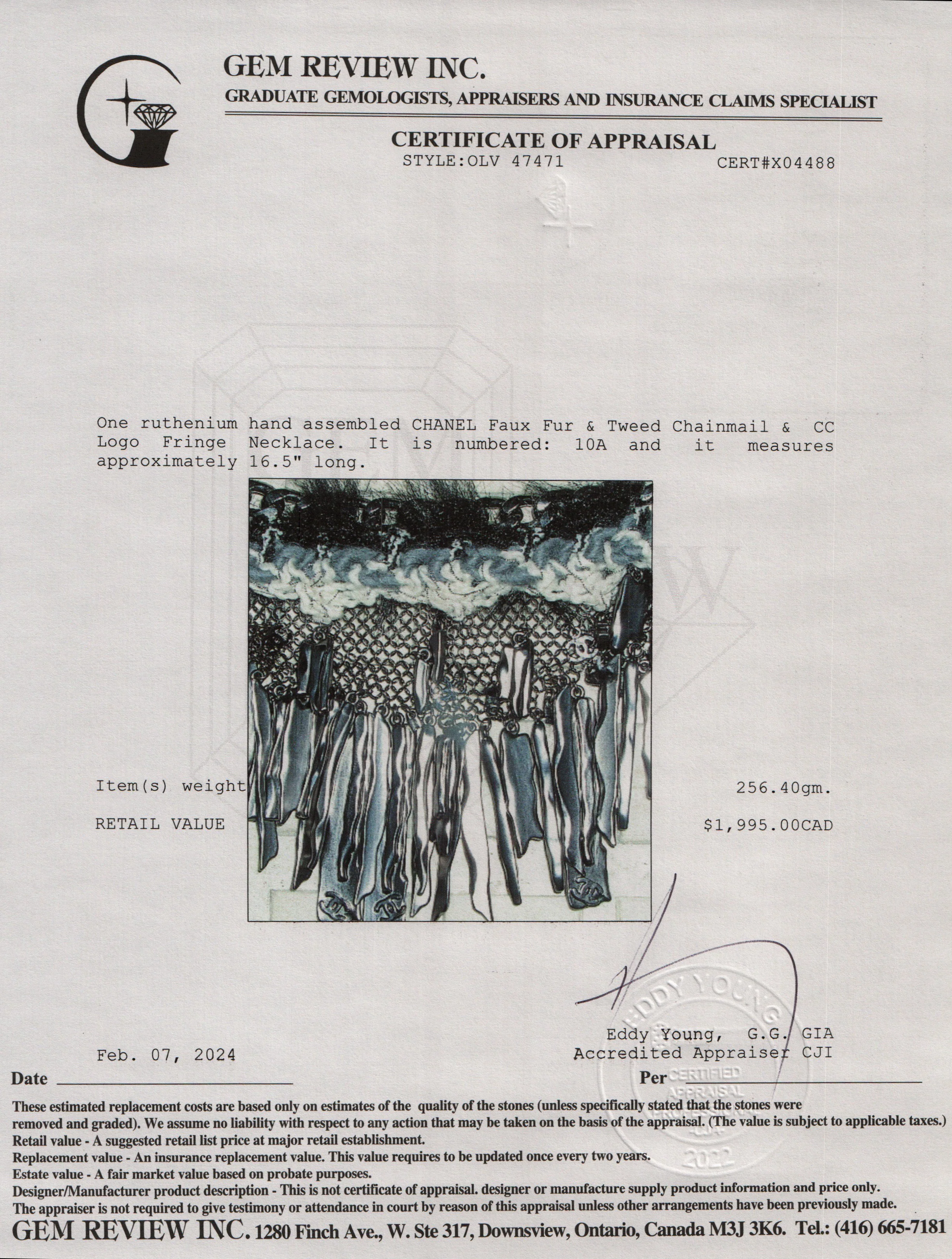 Chanel Ruthenium Faux Fur & Tweed Chainmail & CC Logo Fringe Necklace w/ Box - Image 8