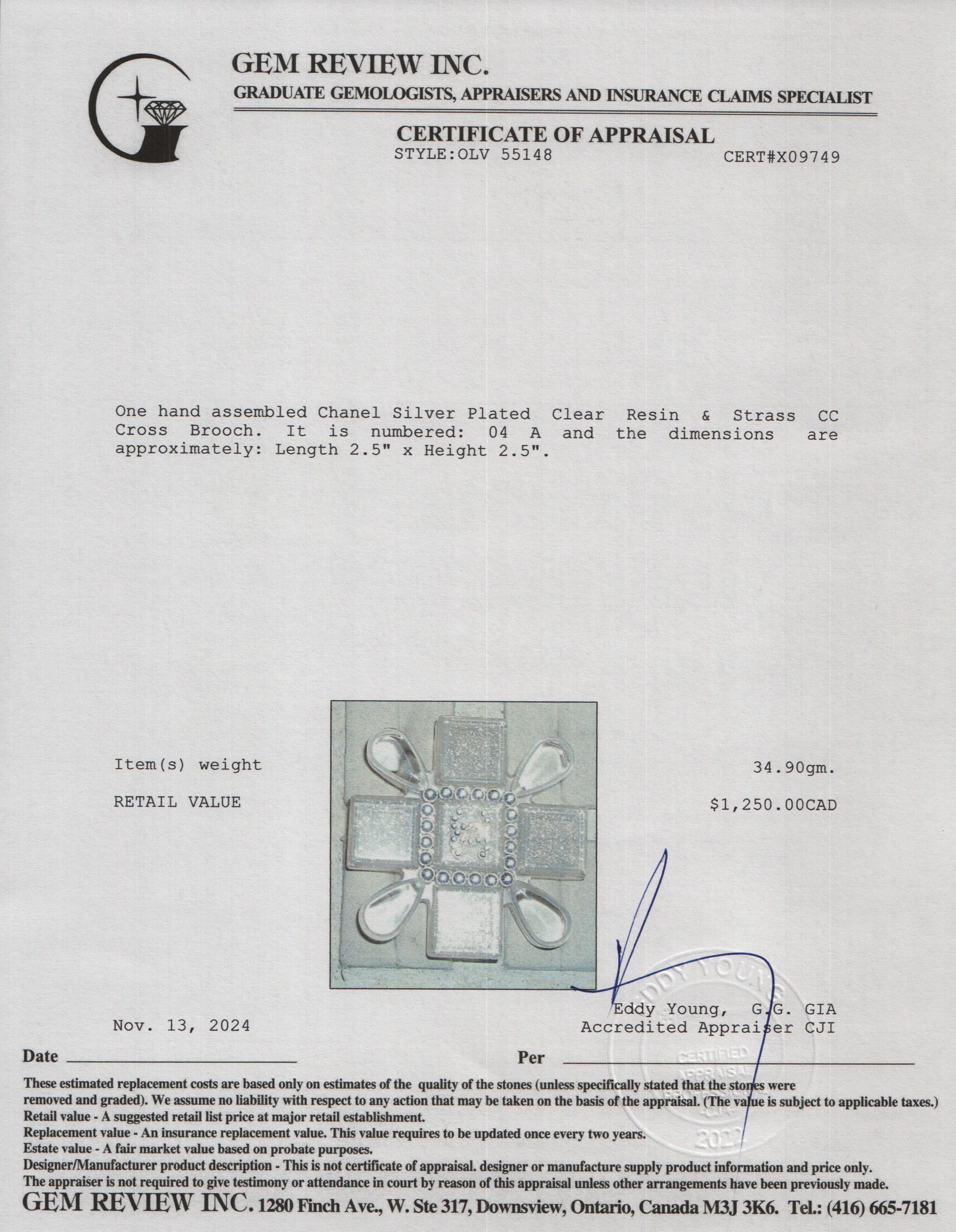 Chanel Silver Plated Clear Resin & Strass CC Cross Brooch - Image 3