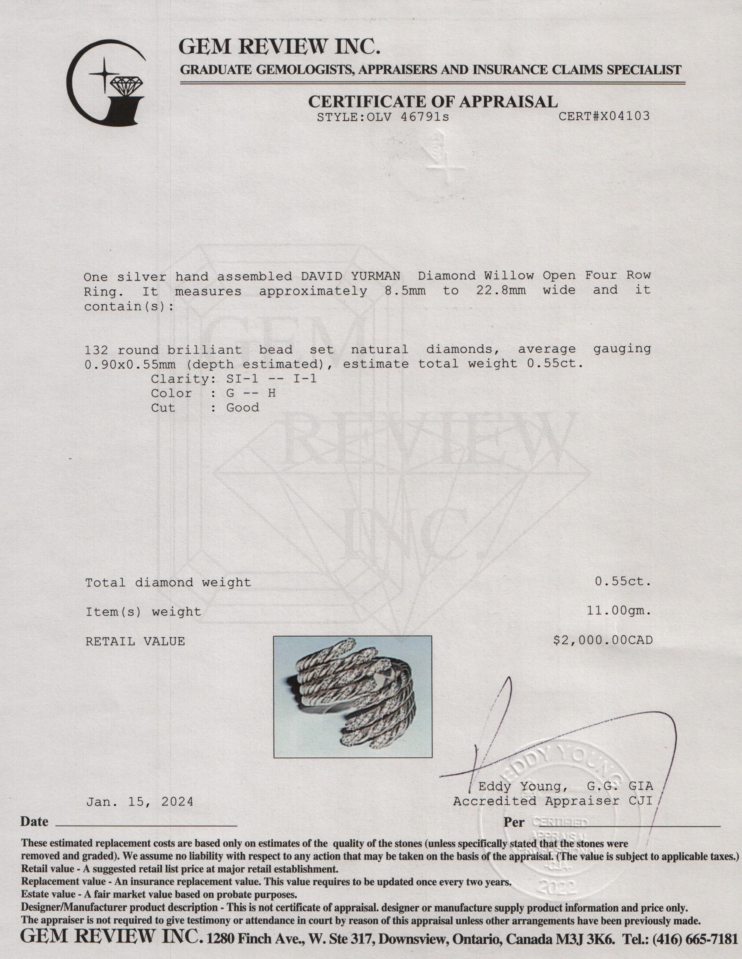 David Yurman Sterling Silver Diamond Willow Open Four-Row Ring, Size 8 - Image 5