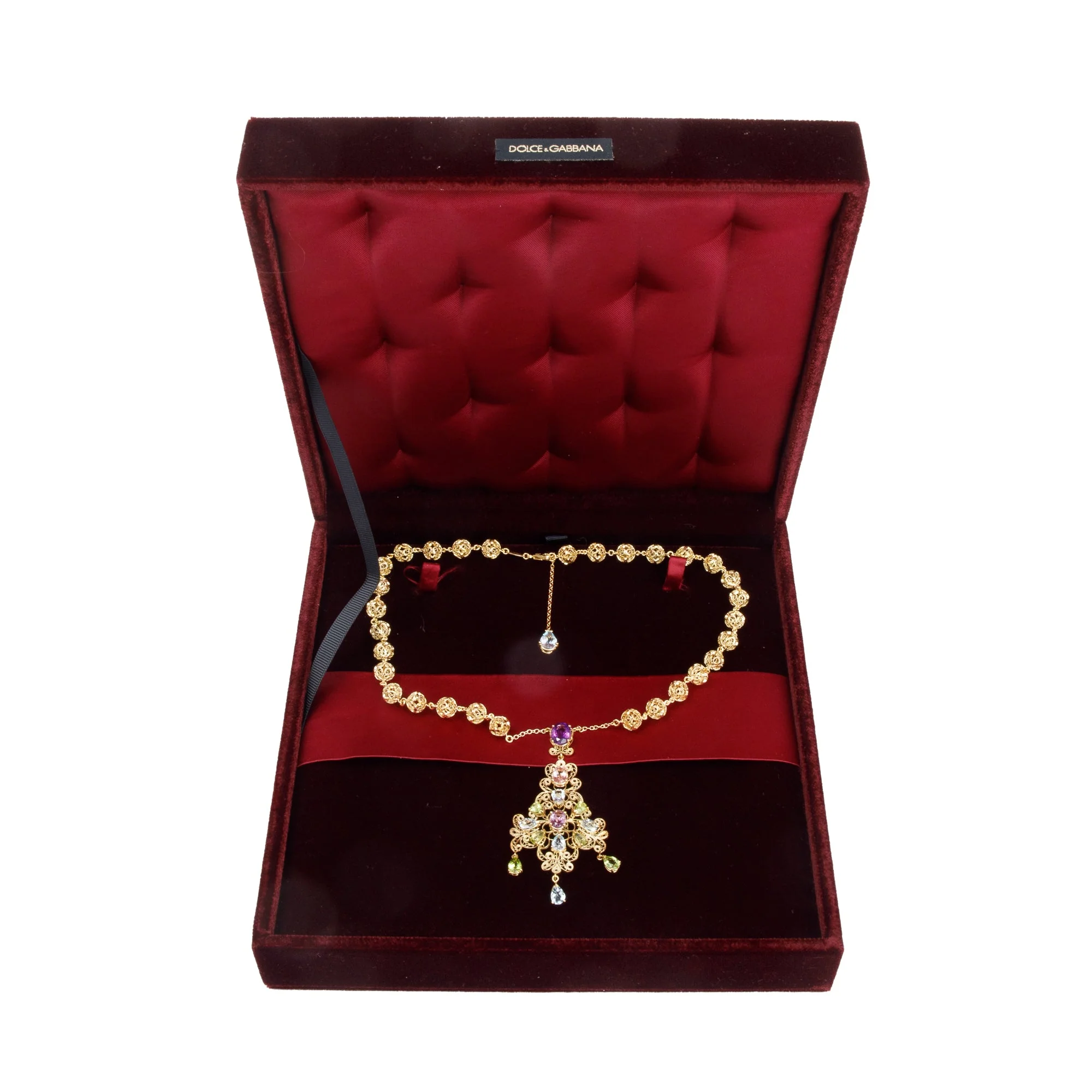Dolce & Gabbana 18k Yellow Gold Filigree Multicolor Stone Pizzo Necklace w/ Box - Image 3