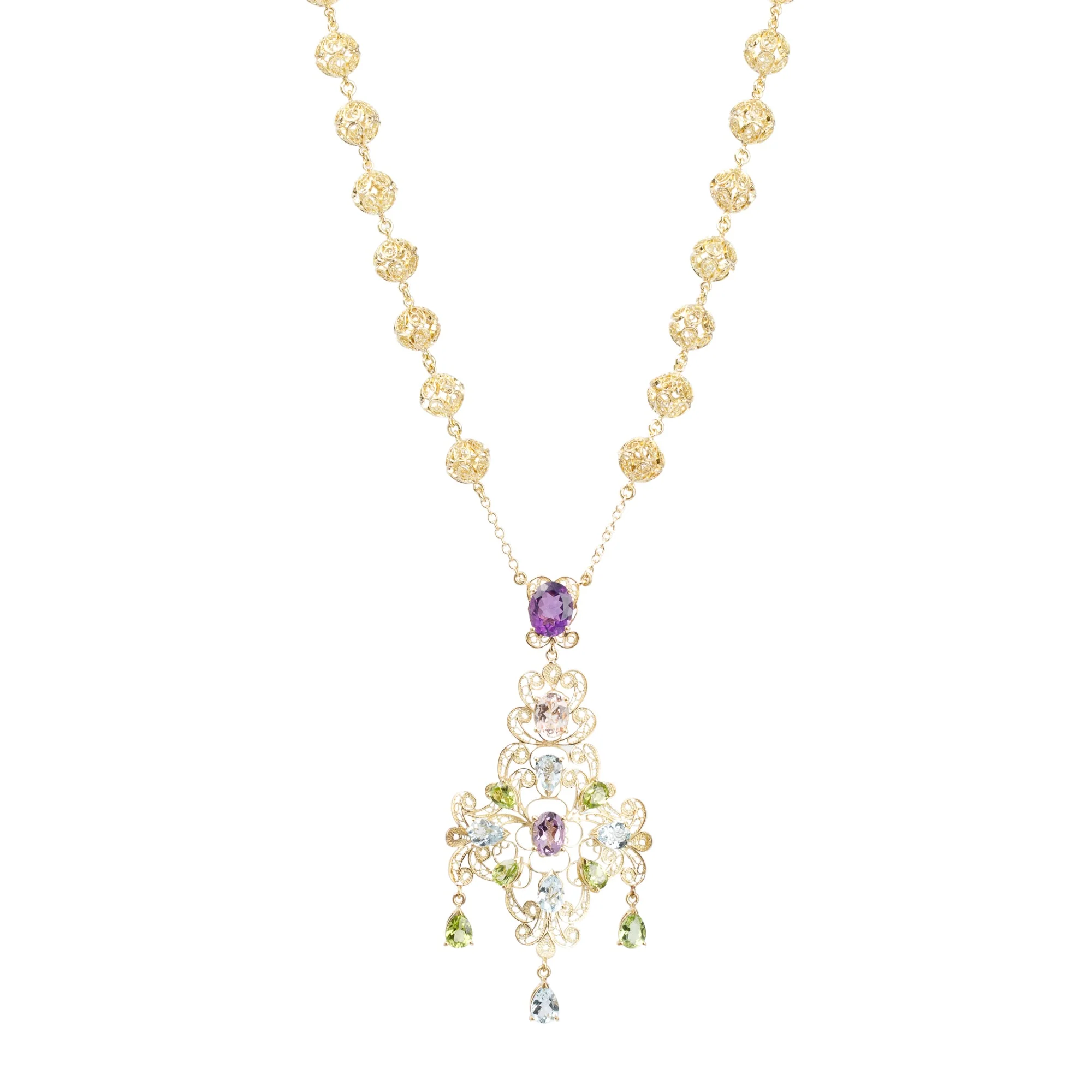 Dolce & Gabbana 18k Yellow Gold Filigree Multicolor Stone Pizzo Necklace w/ Box - Image 4