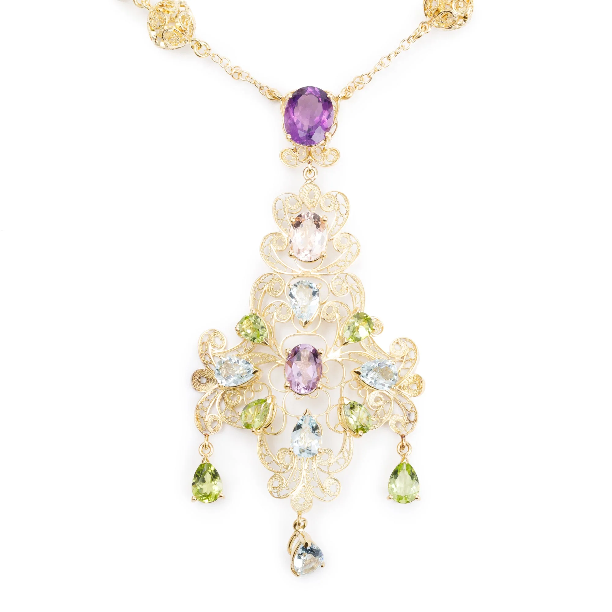 Dolce & Gabbana 18k Yellow Gold Filigree Multicolor Stone Pizzo Necklace w/ Box - Image 5