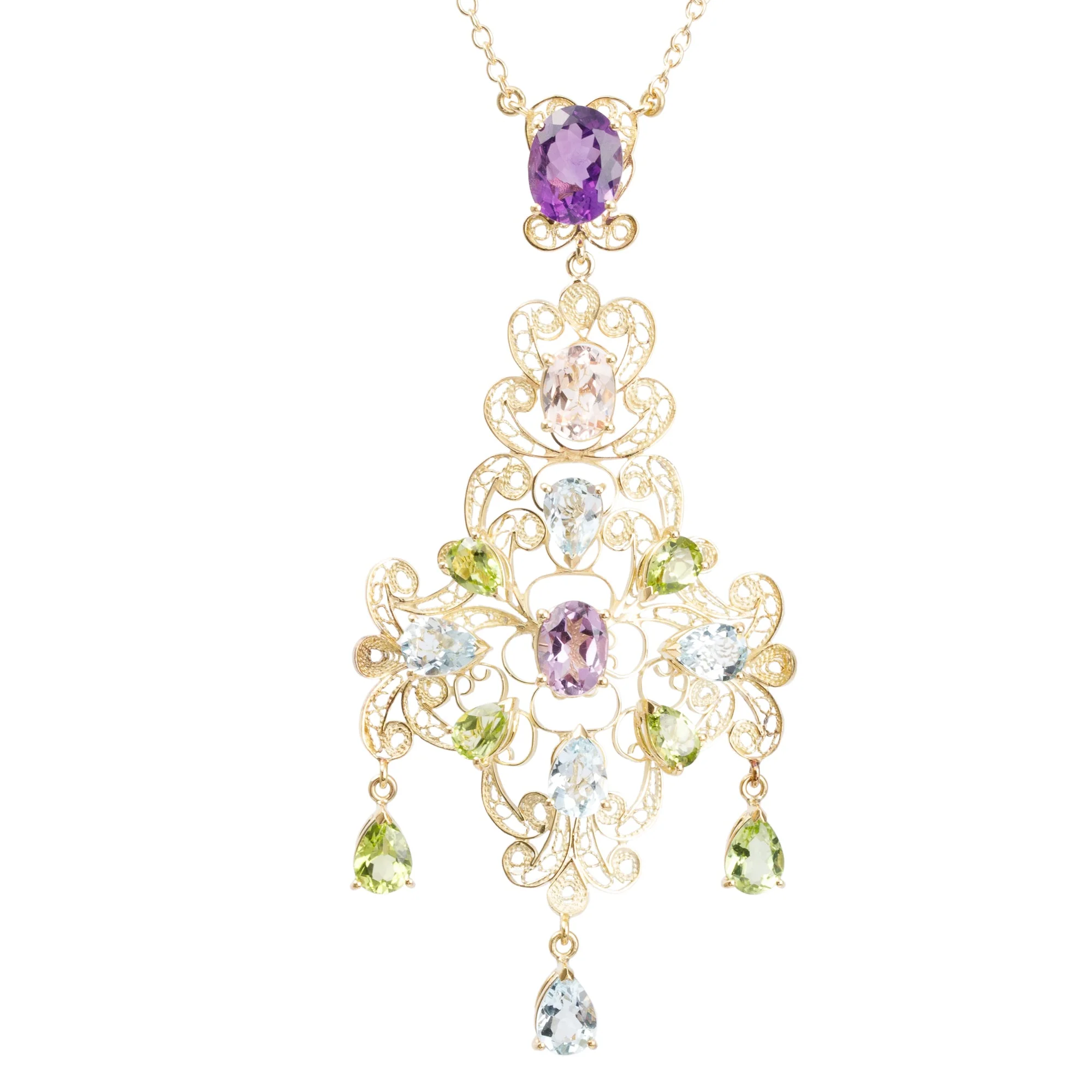 Dolce & Gabbana 18k Yellow Gold Filigree Multicolor Stone Pizzo Necklace w/ Box - Image 8