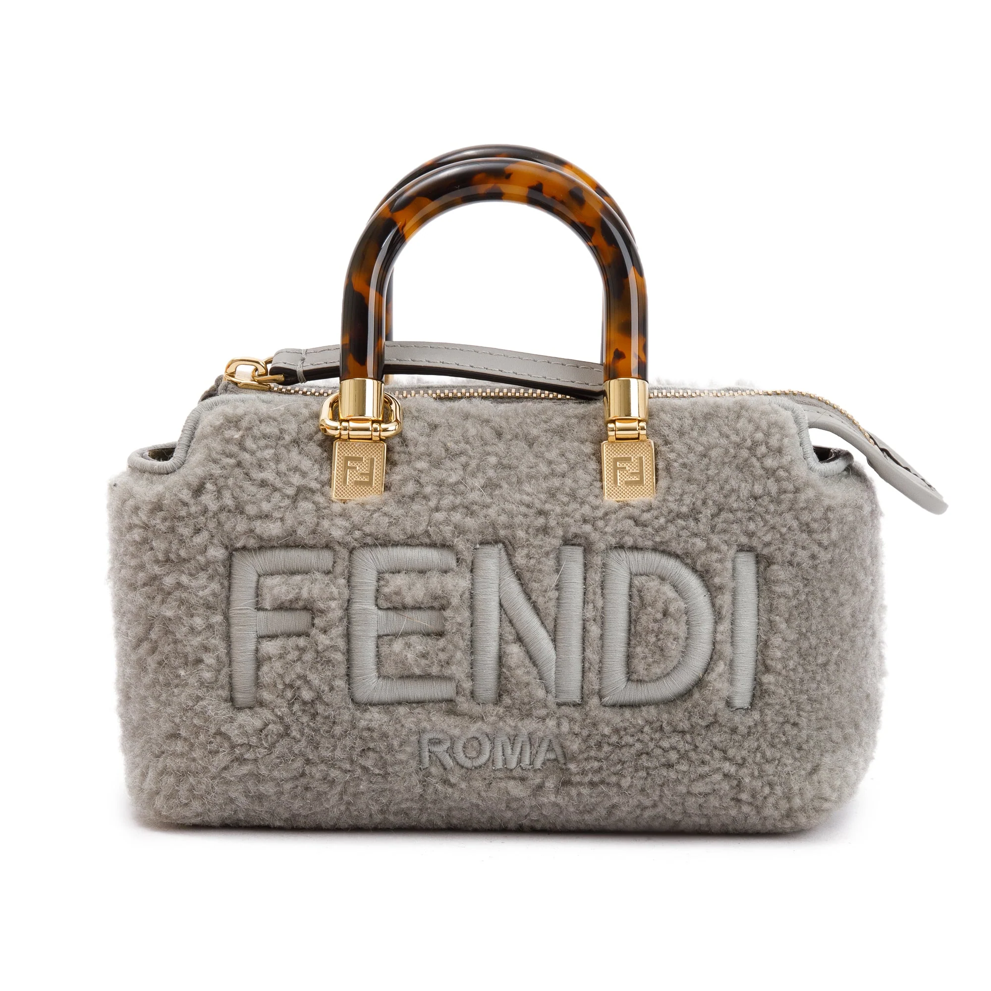 Fendi 2022 Grey Sheepskin Logo  Embroidered By the Way Mini Boston Bag w/ Strap & Box - Image 4