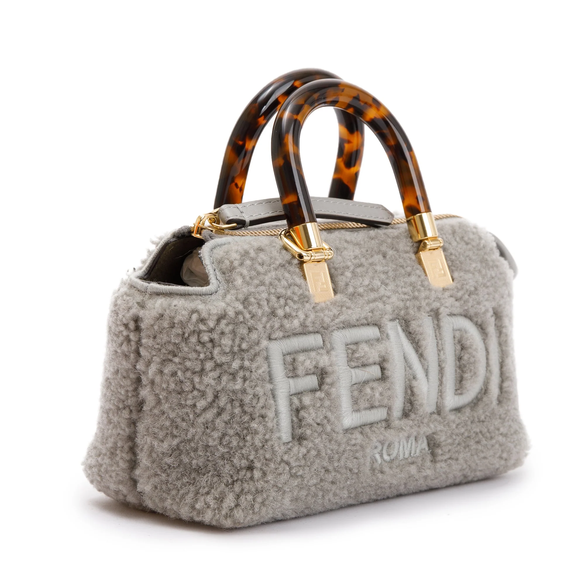 Fendi 2022 Grey Sheepskin Logo  Embroidered By the Way Mini Boston Bag w/ Strap & Box - Image 5