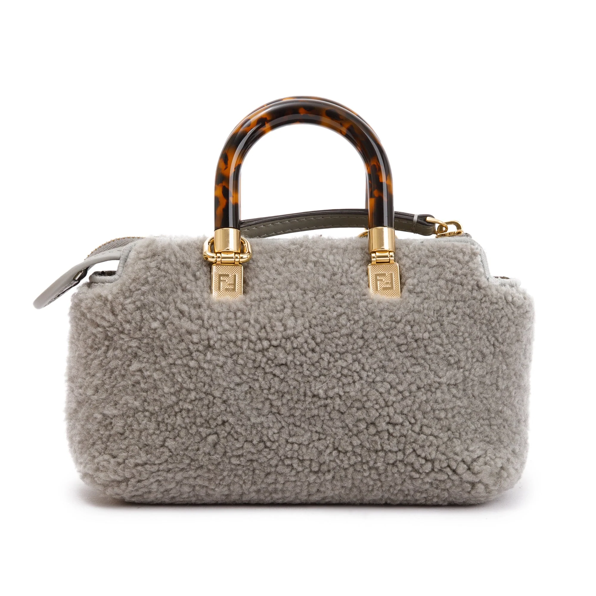 Fendi 2022 Grey Sheepskin Logo  Embroidered By the Way Mini Boston Bag w/ Strap & Box - Image 6