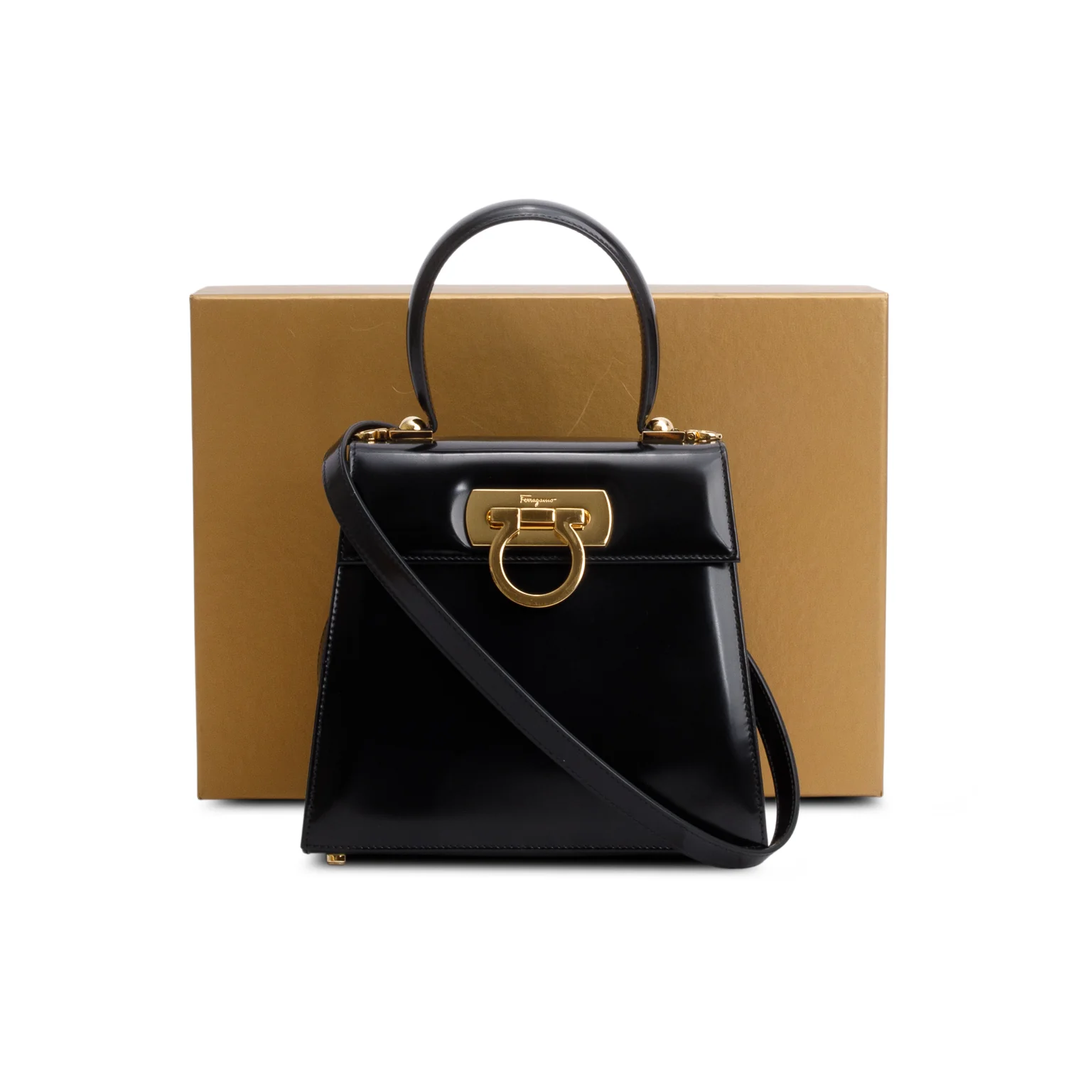Ferragamo 2023 Black Brushed Off Calfskin Small Iconic Top Handle Bag w/ Box, Strap & Receipt - Image 3