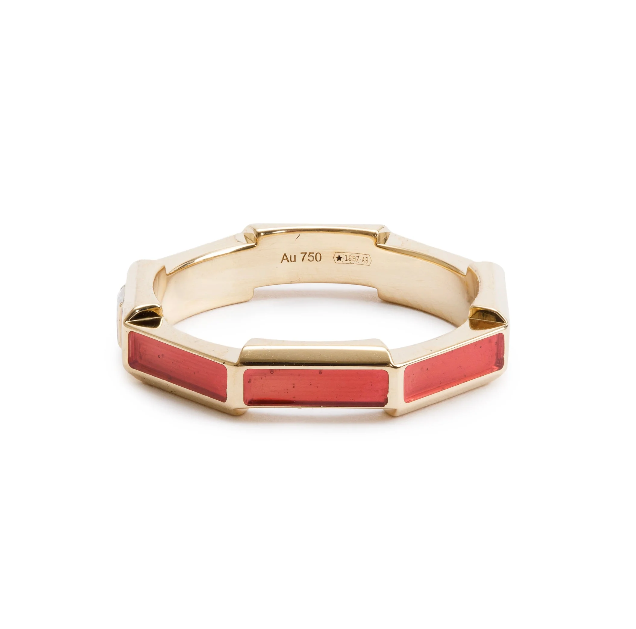 Gucci 18k Yellow Gold Diamond & Red Enamel Link to Love Ring, Size 12 6 - Image 3