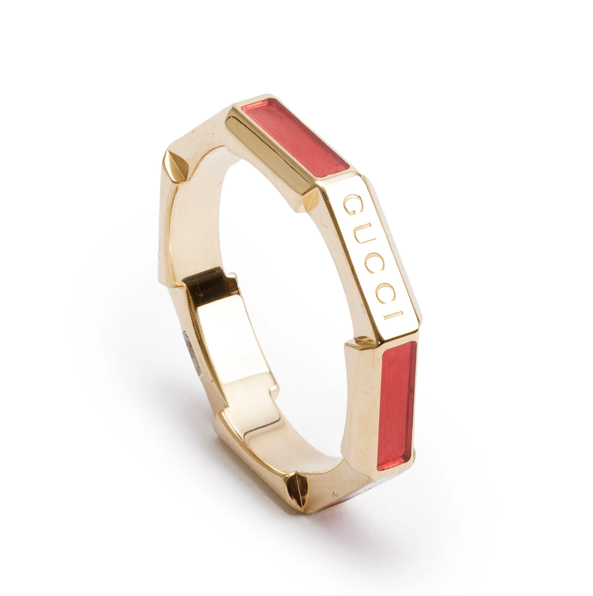 Gucci 18k Yellow Gold Diamond & Red Enamel Link to Love Ring, Size 12 6 - Image 4