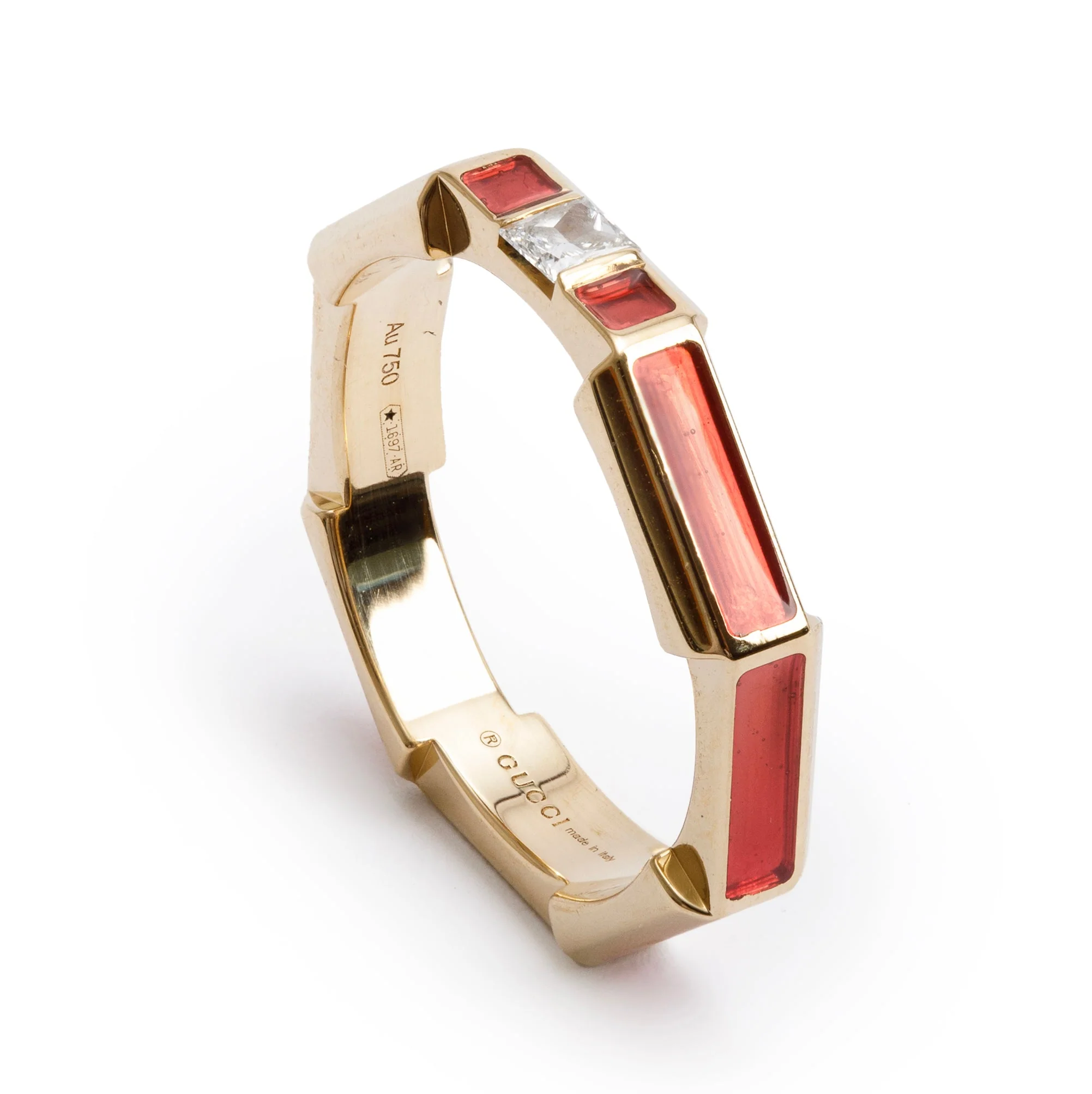 Gucci 18k Yellow Gold Diamond & Red Enamel Link to Love Ring, Size 12 6 - Image 5
