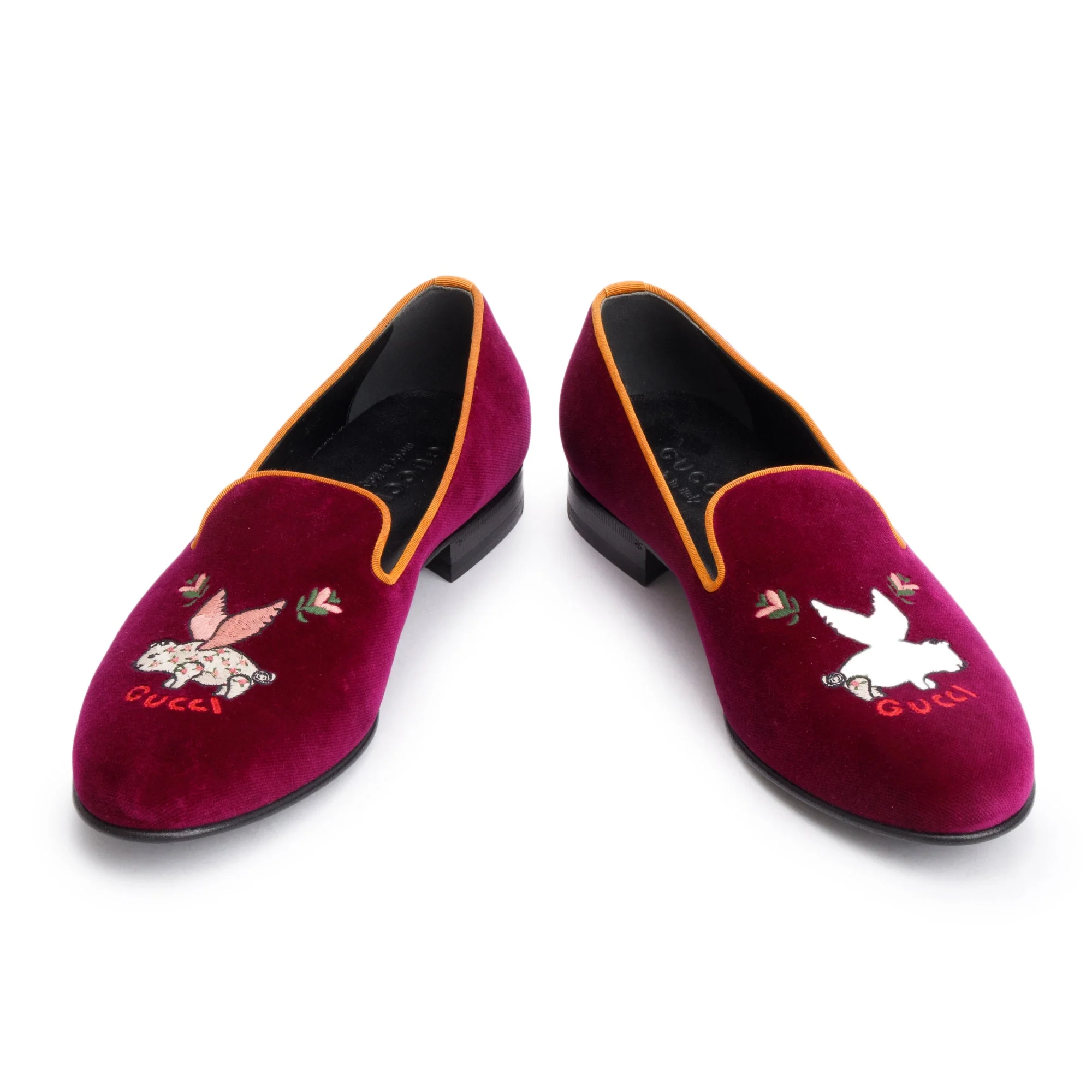Gucci Burgundy Velvet Flying Pig Embroidered Accent Mens Loafers, Size 7 - Image 3