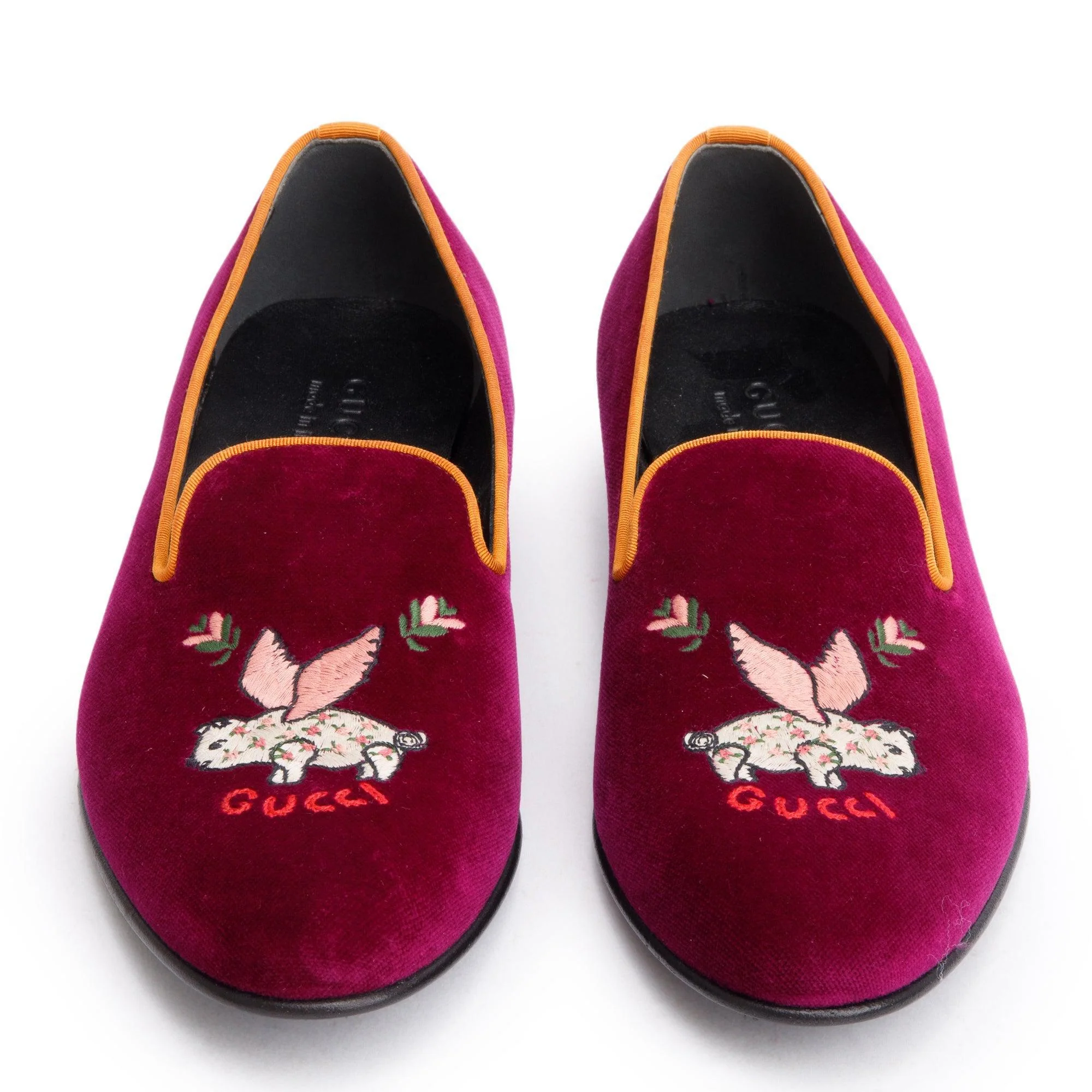 Gucci Burgundy Velvet Flying Pig Embroidered Accent Mens Loafers, Size 7 - Image 4