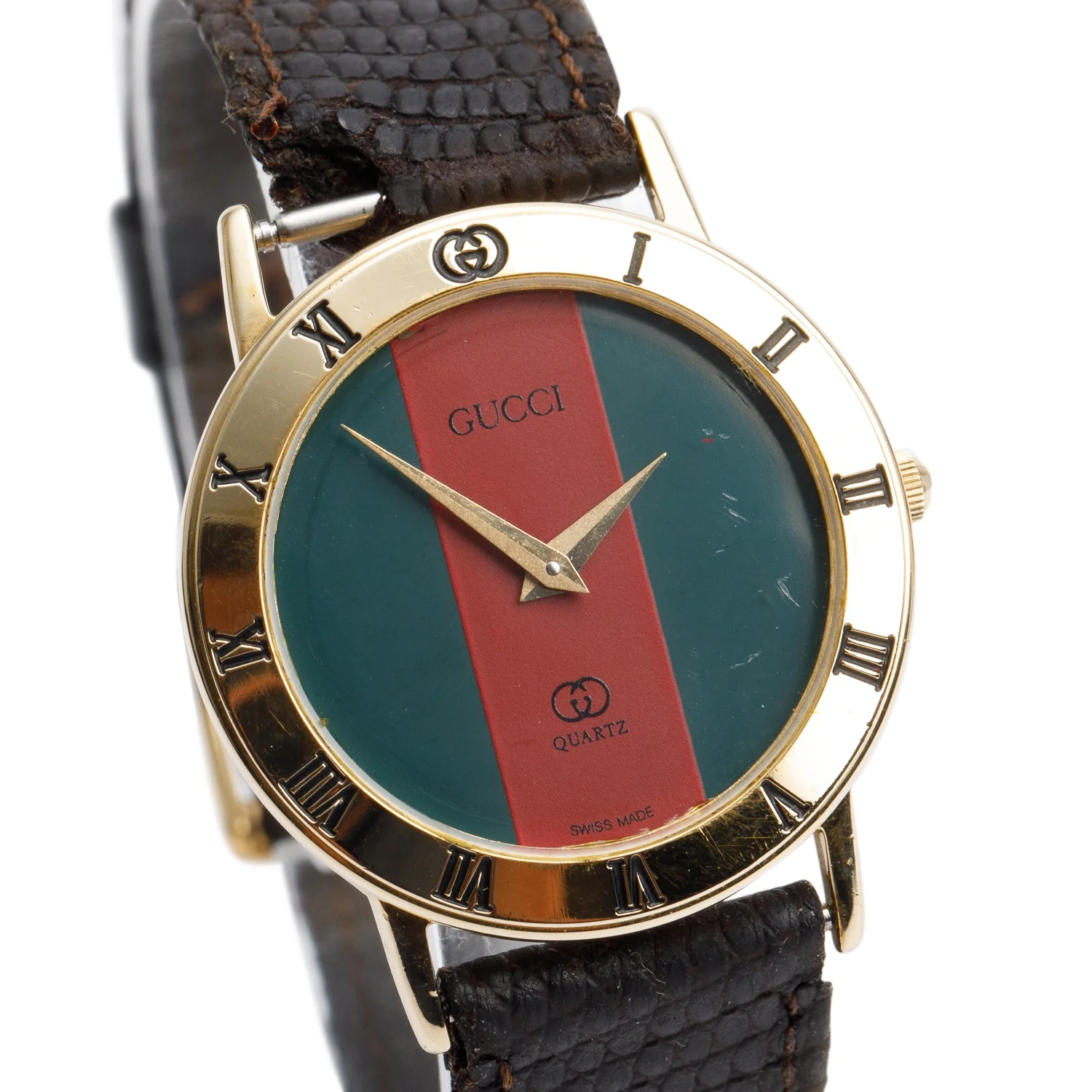 Gucci Gold Plated Stainless Steel 3100 Series 29 MM Quartz Watch Green & Red Dial w/ Box - Image 3