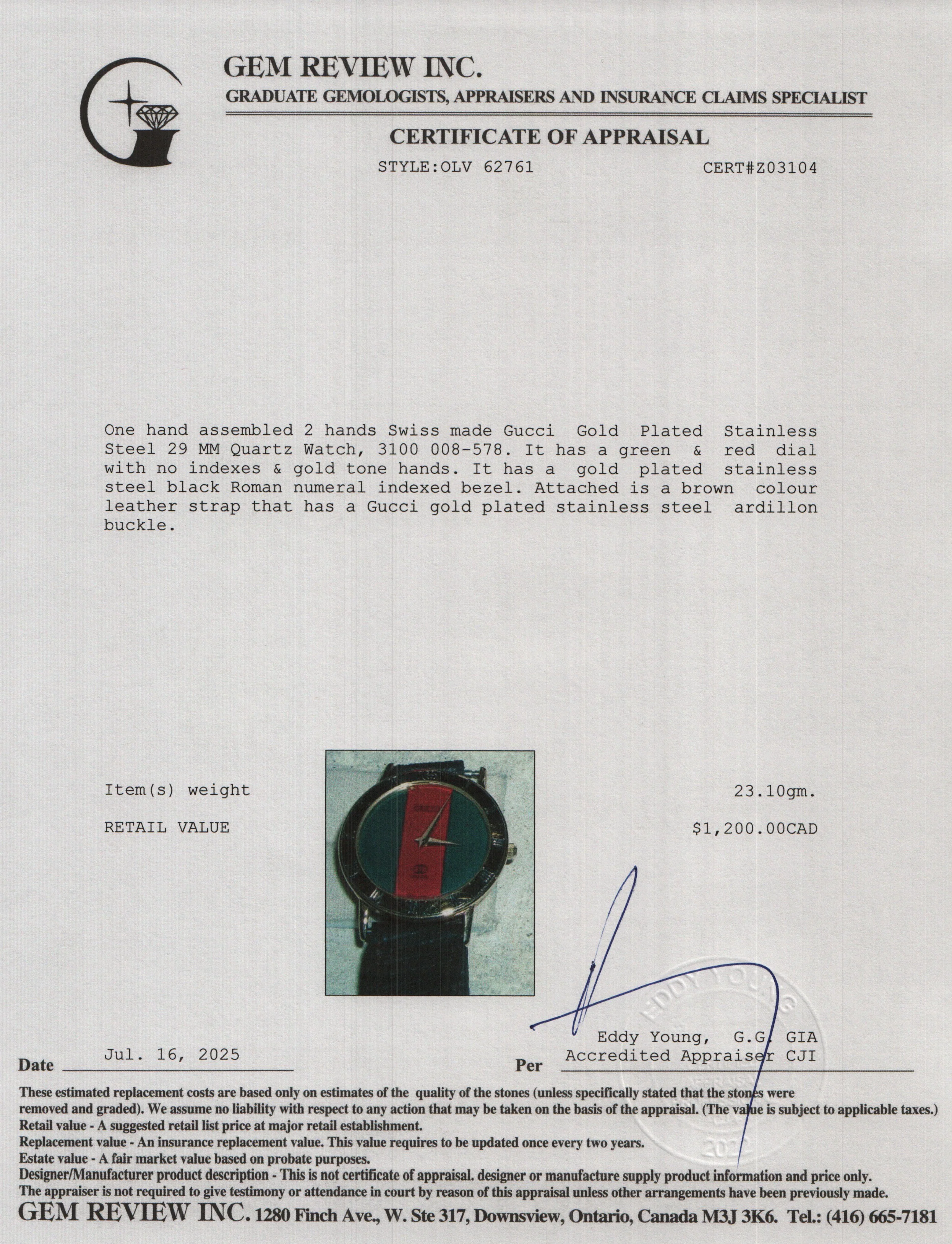 Gucci Gold Plated Stainless Steel 3100 Series 29 MM Quartz Watch Green & Red Dial w/ Box - Image 6