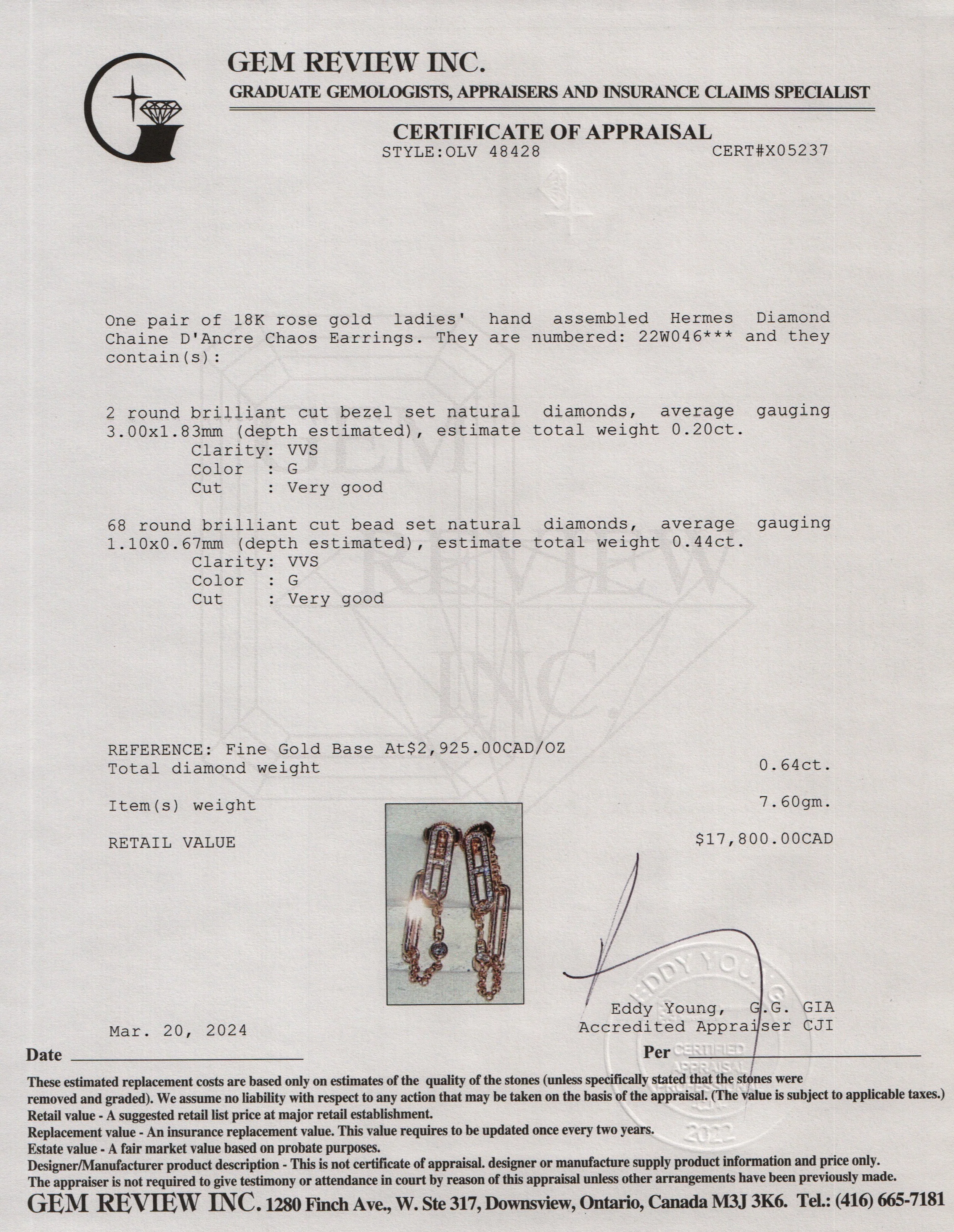 Hermes 18k Rose Gold Diamond Chaine D'Ancre Chaos Earrings w/ Box - Image 5