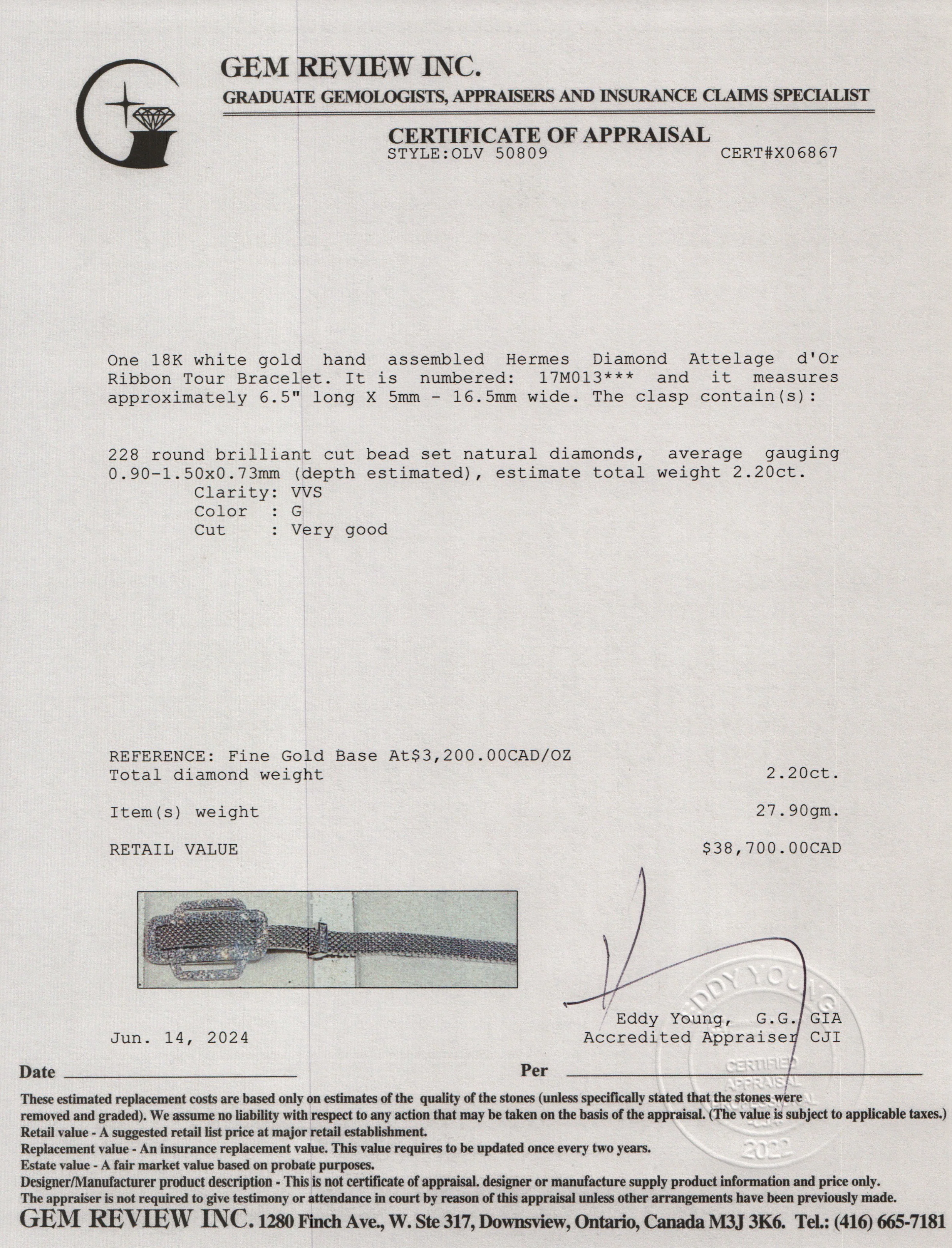 Hermes 18k White Gold Diamond Attelage d'Or Ribbon Tour Bracelet w/ Box - Image 4