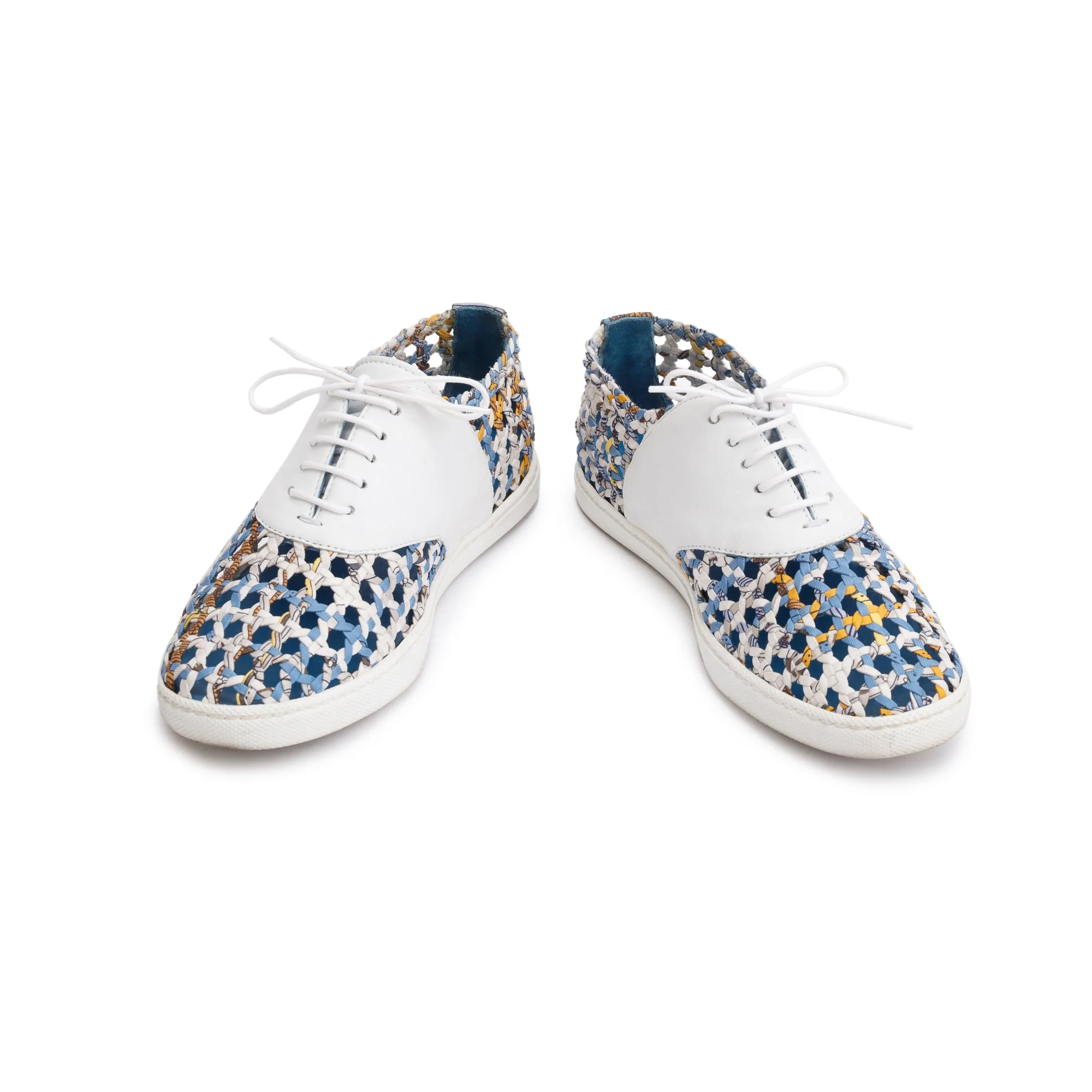 Hermes Blue Multicolor Animal Print Braided Silk White Leather Sneakers, Size 35.5 - Image 3