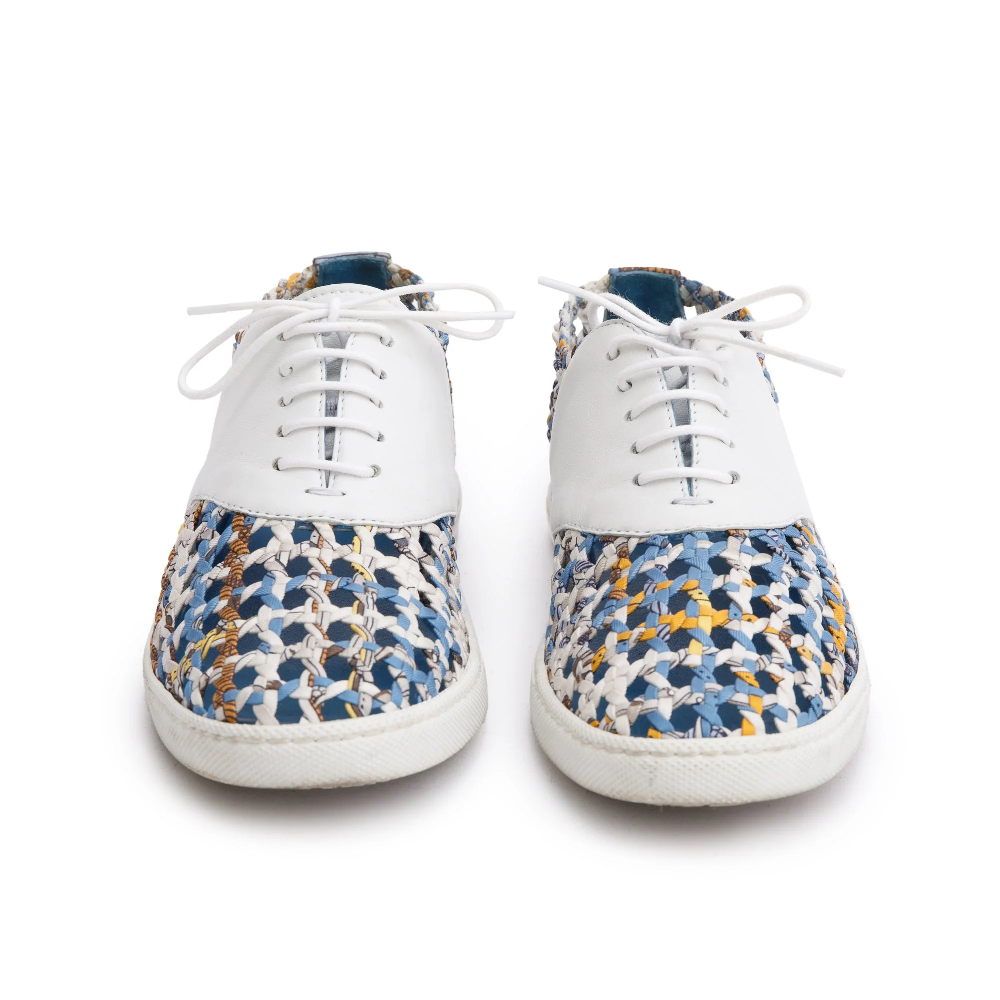 Hermes Blue Multicolor Animal Print Braided Silk White Leather Sneakers, Size 35.5 - Image 4