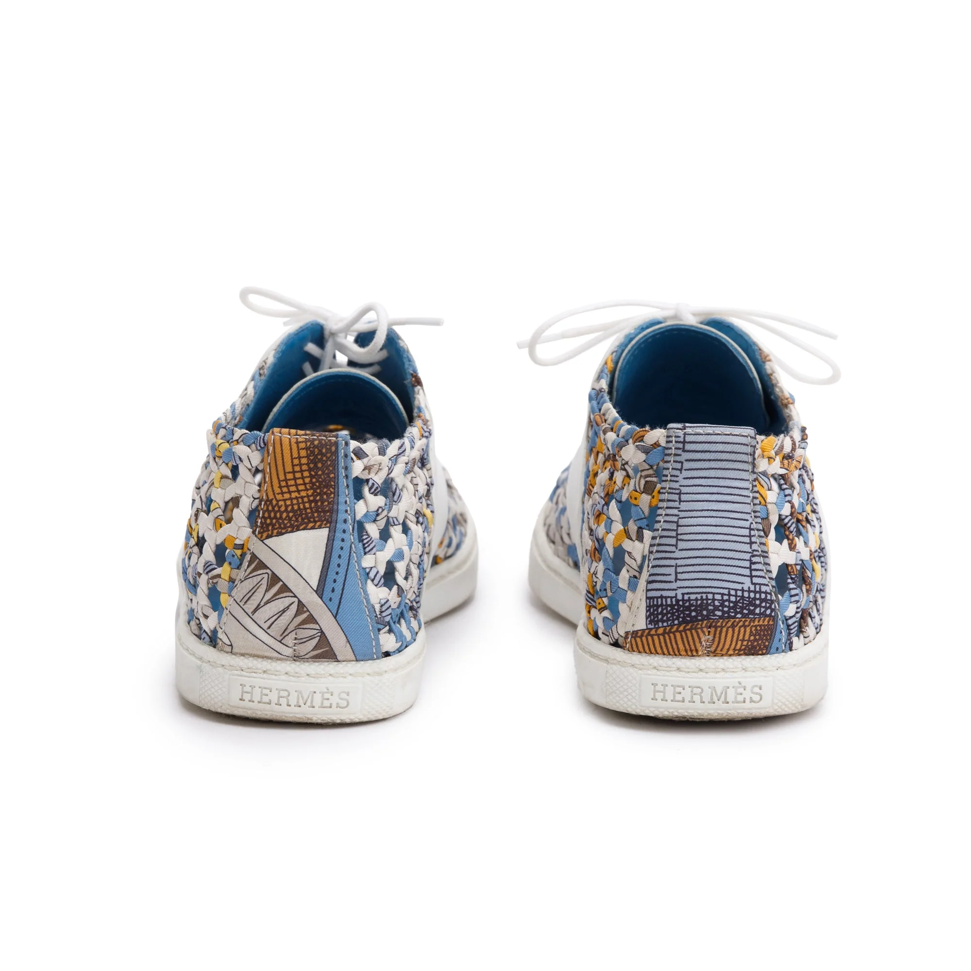 Hermes Blue Multicolor Animal Print Braided Silk White Leather Sneakers, Size 35.5 - Image 5