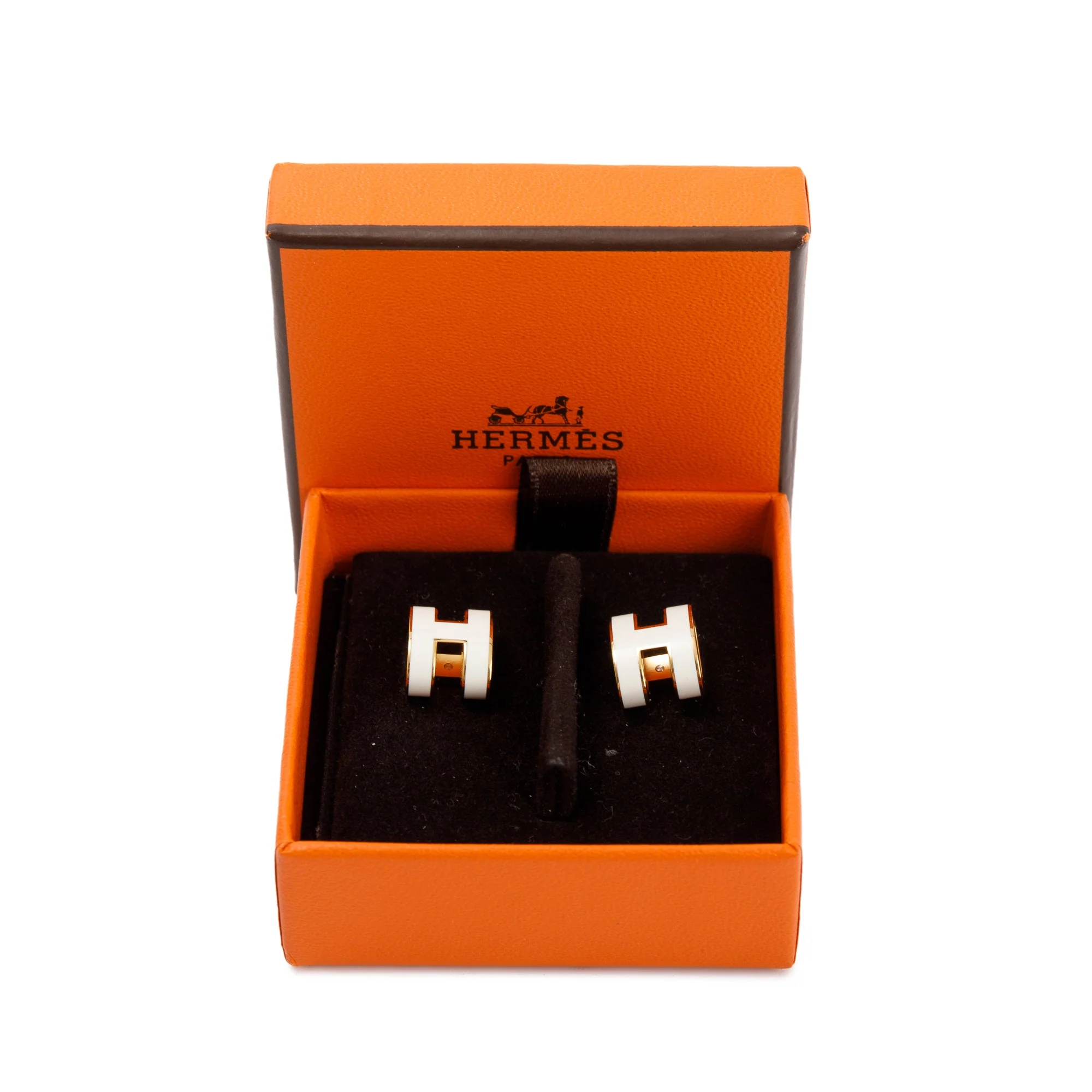 Hermes Gold Plated White Lacquered Pop H Earrings w/ Box - Image 6