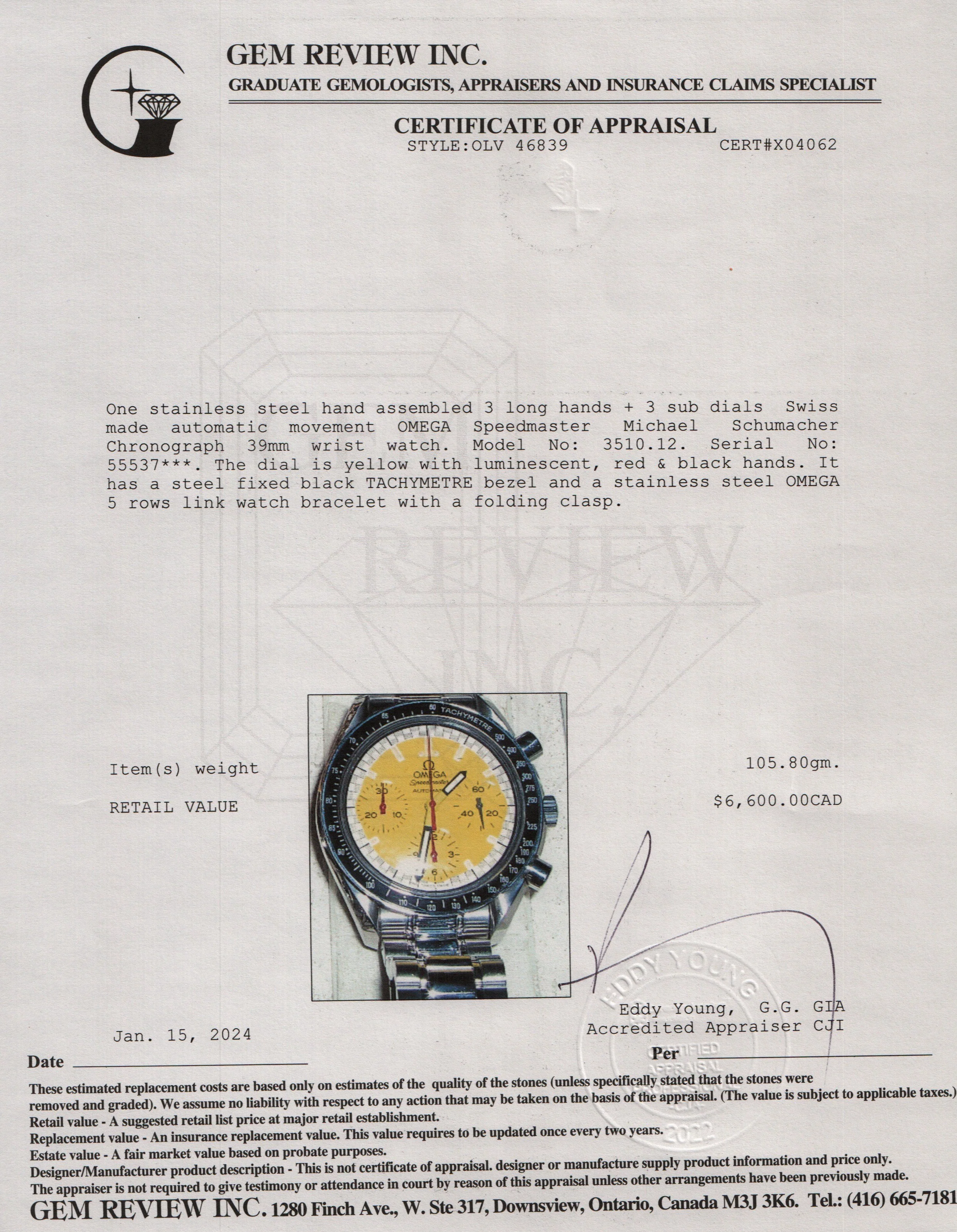 Omega Stainless Steel Speedmaster Reduced Michael Schumacher 39 MM Automatic Chronograph Watch w/ Box - Image 7