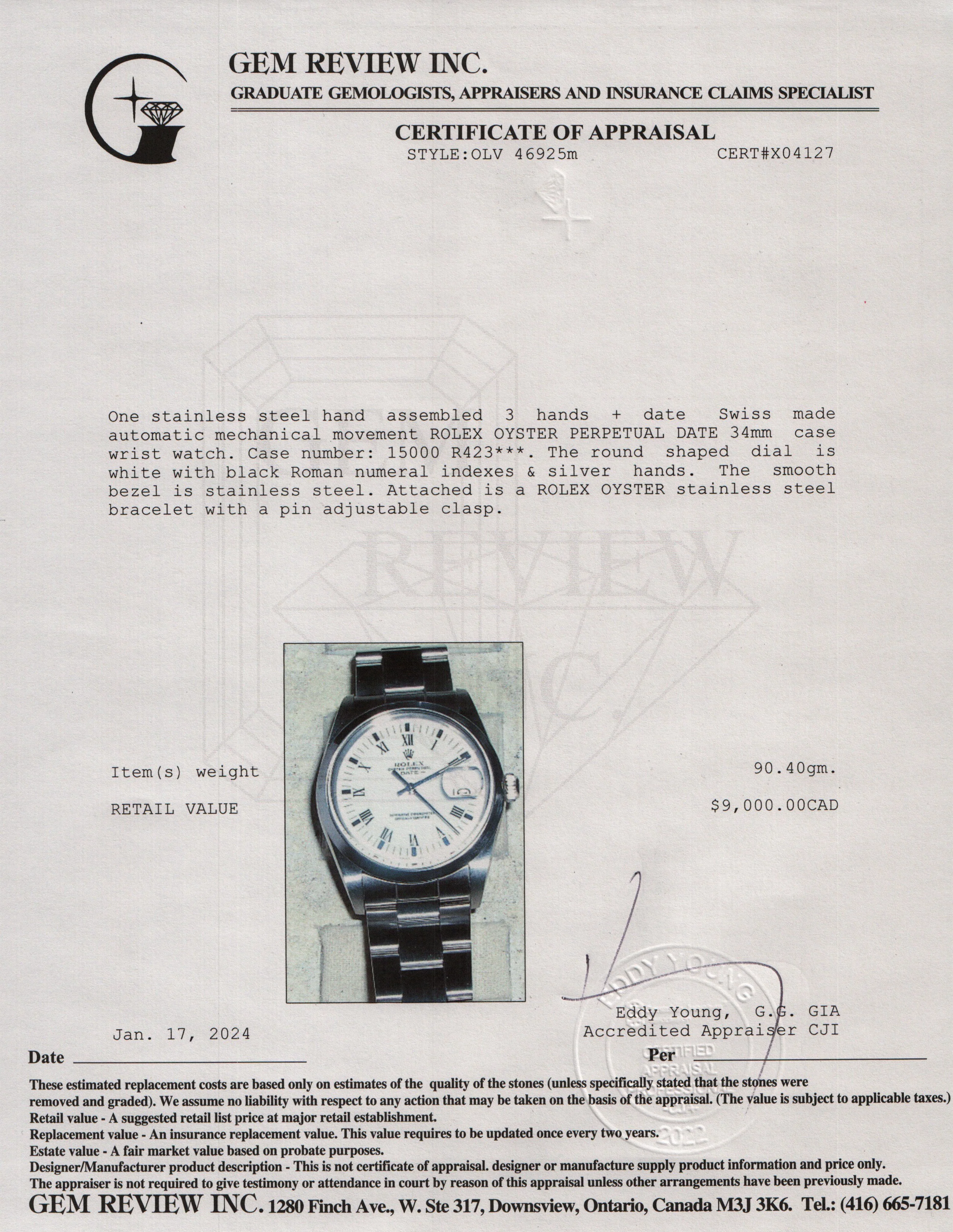 Rolex Stainless Steel Oyster Perpetual Date 34 MM Watch w/ Box & Papers - Image 7