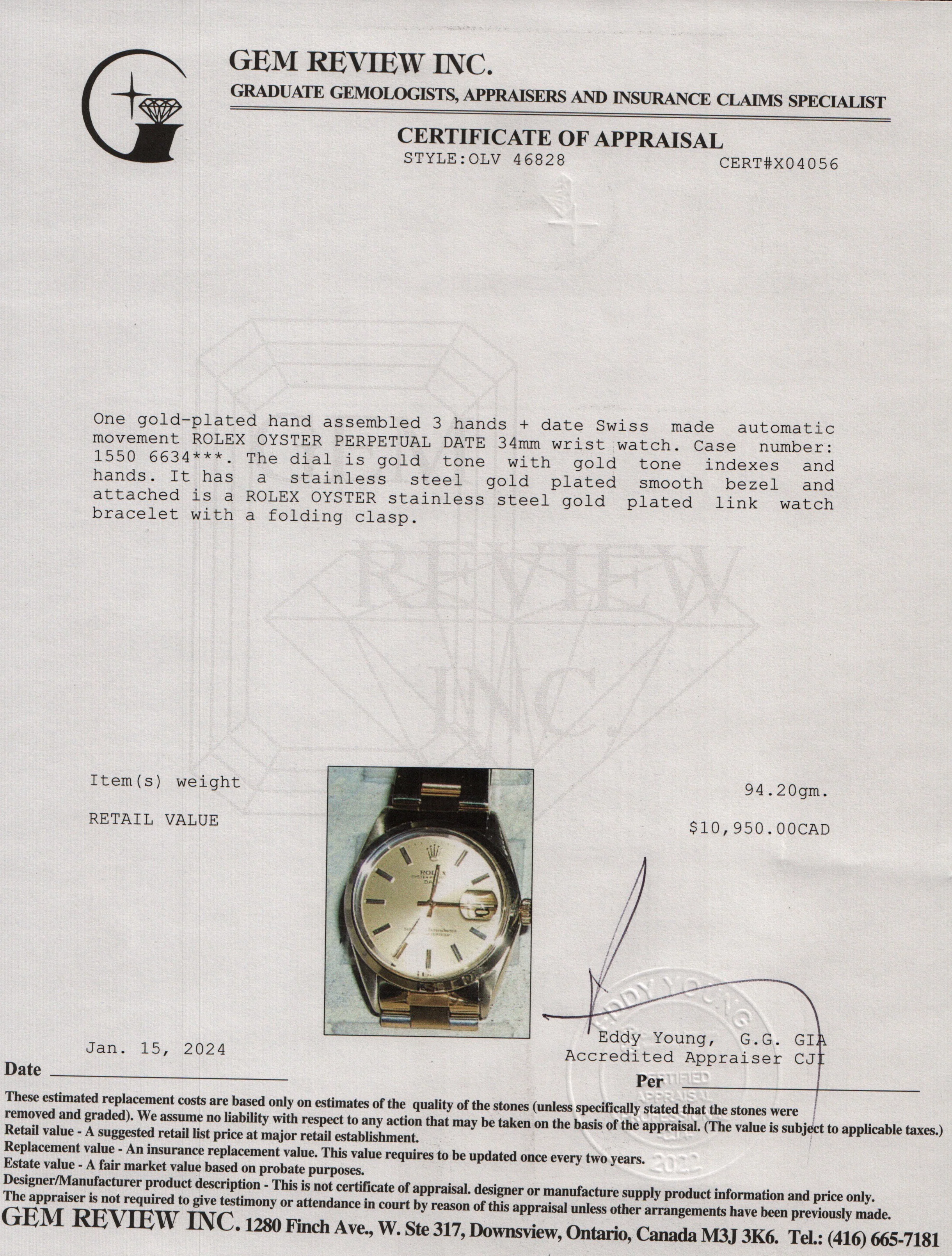 Rolex Vintage Gold-Plated Stainless Steel Oyster Perpetual Date 34 MM Watch w/ Box & Papers - Image 7