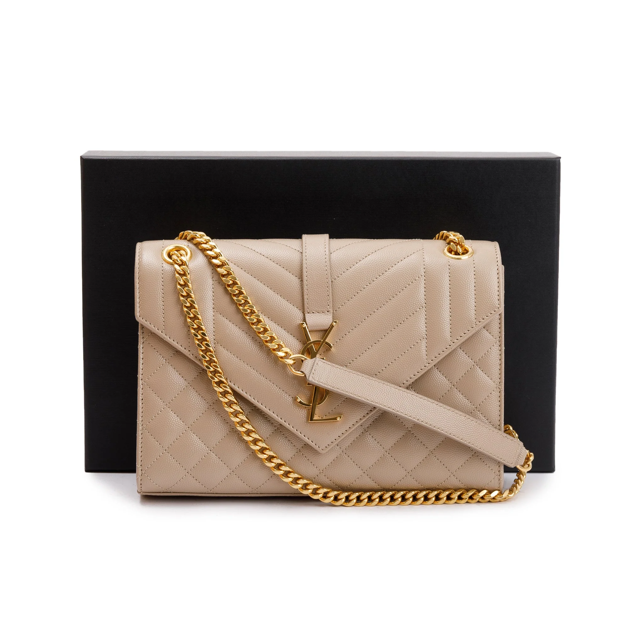Saint Laurent 2023 Beige Grained De Poudre Medium Envelope Shoulder Bag w/ Box - Image 3