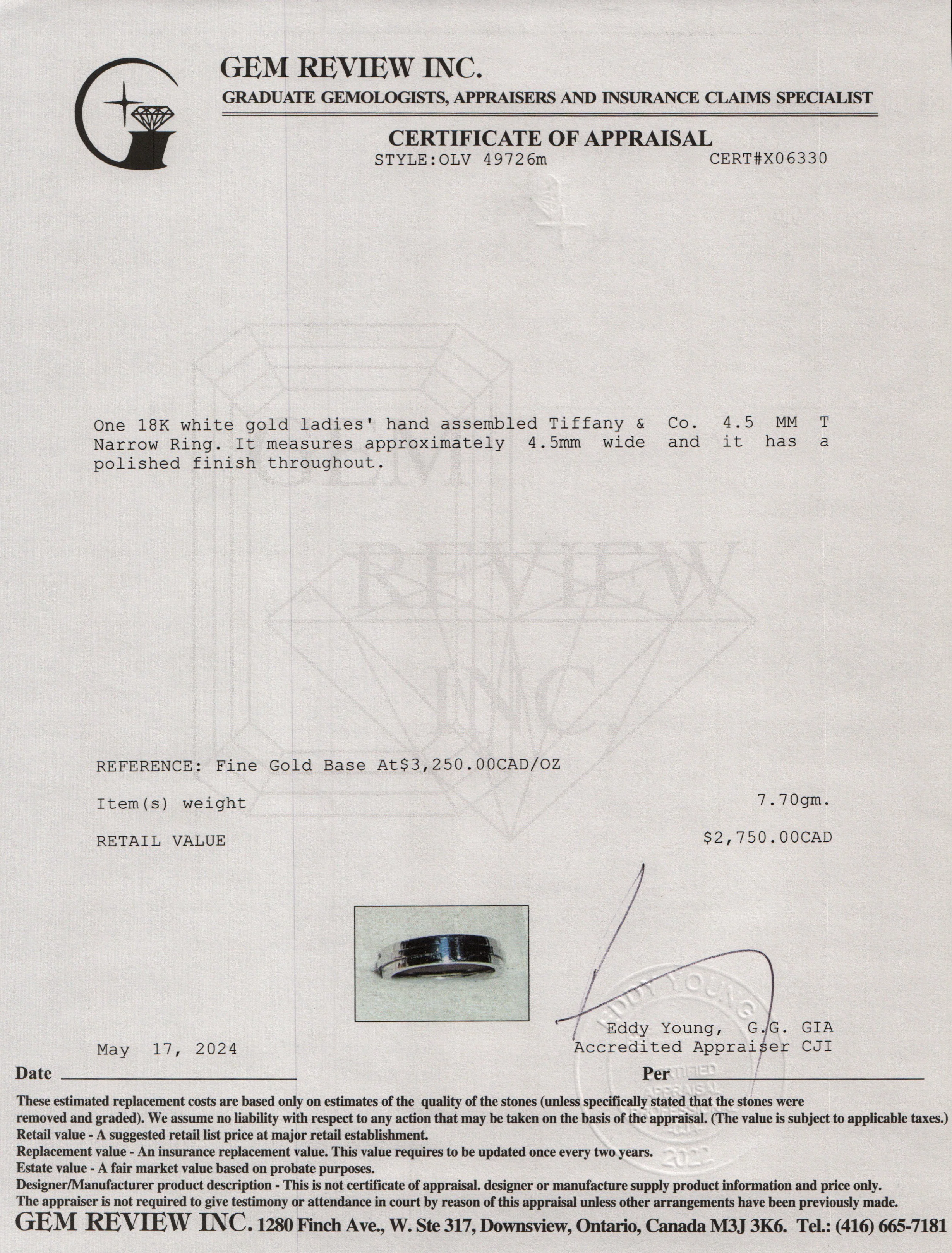 Tiffany & Co. 18k White Gold 4.5 MM T Narrow Ring, Size 6 w/ Box & Receipt - Image 4