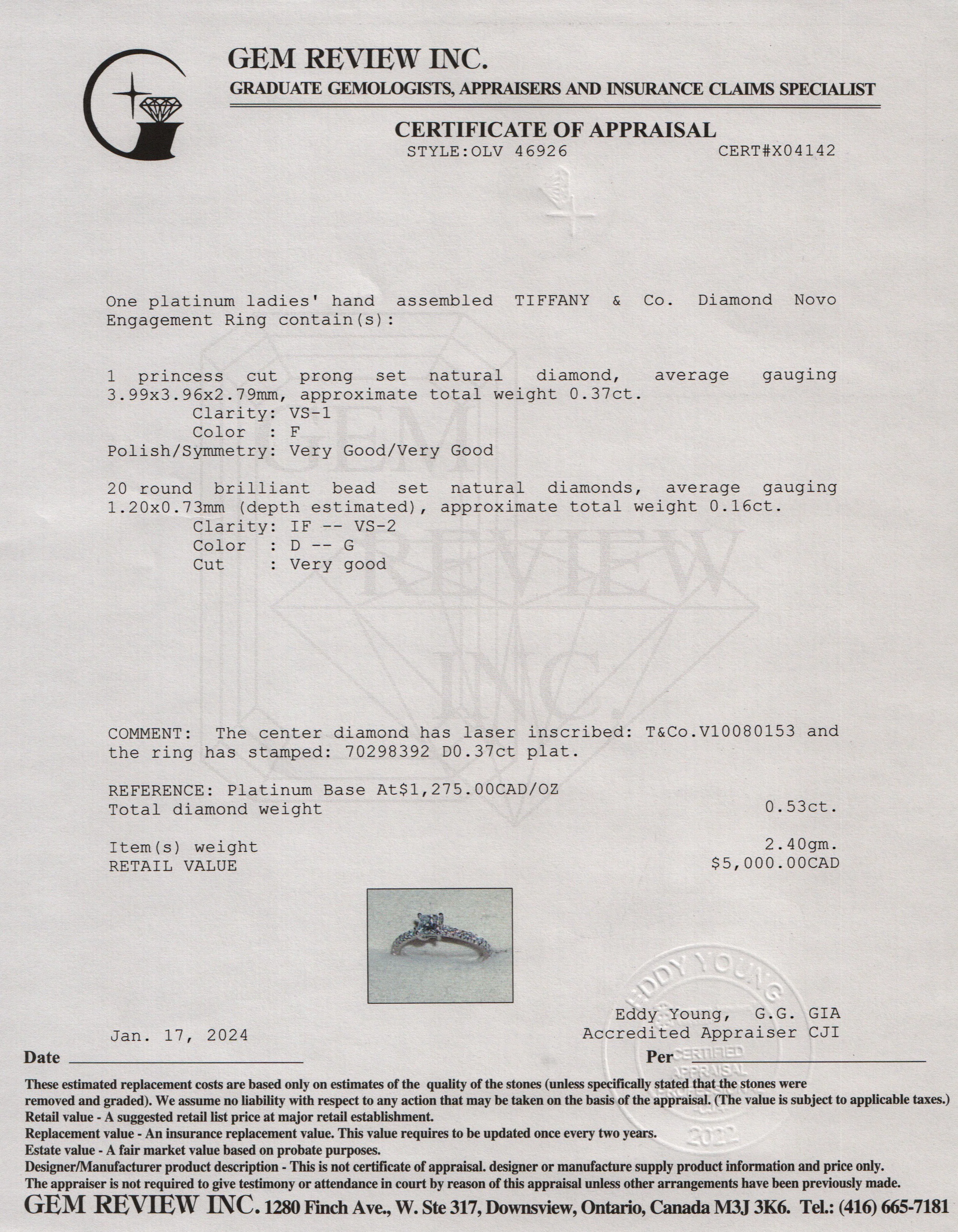 Tiffany & Co. Platinum 0.37 ct. Princess Cut Diamond Novo Engagement Ring, Size 3.5 w/ Paperwork - Image 6