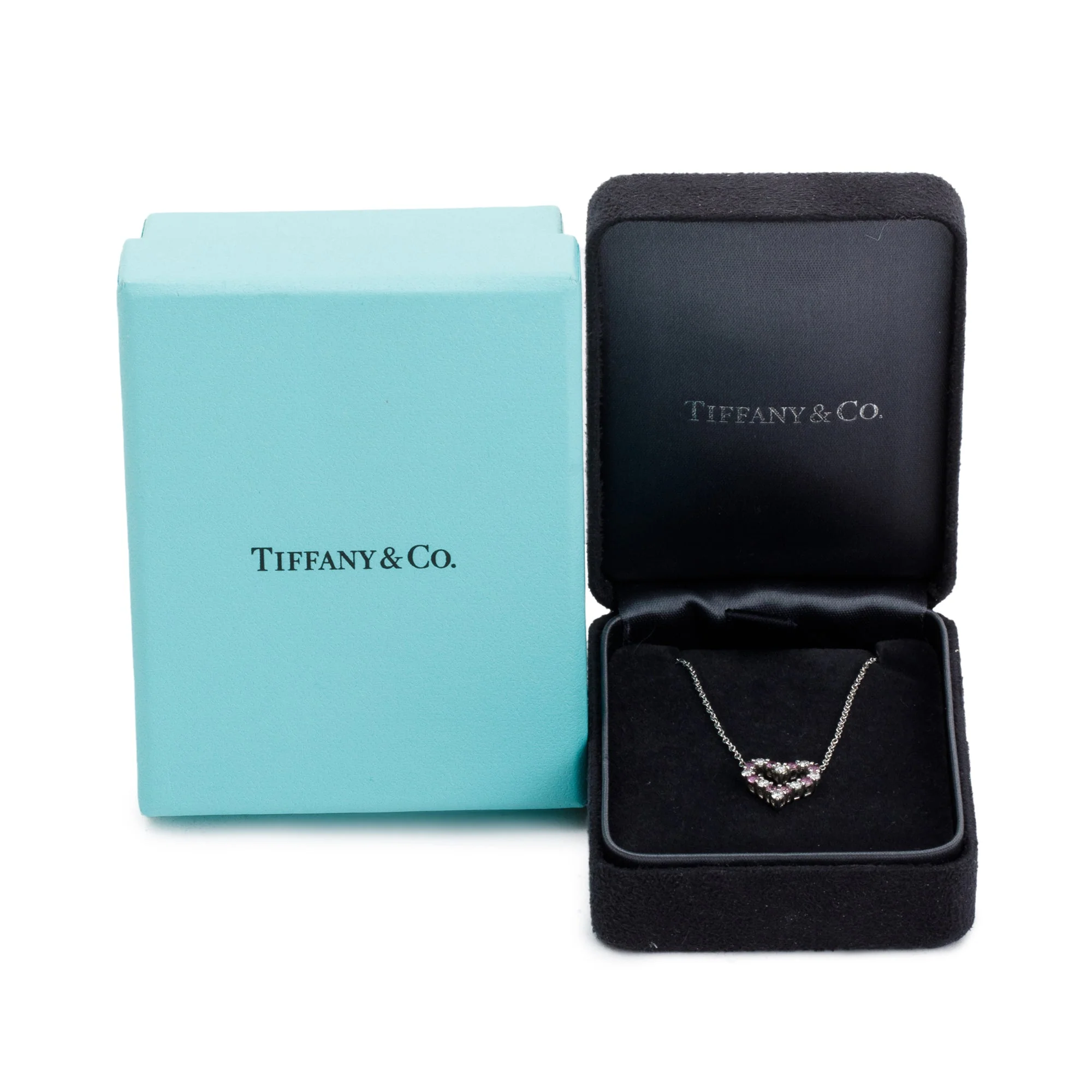 Tiffany & Co. Platinum Diamond & Pink Sapphire Mini Heart Pendant Necklace w/ Box - Image 3