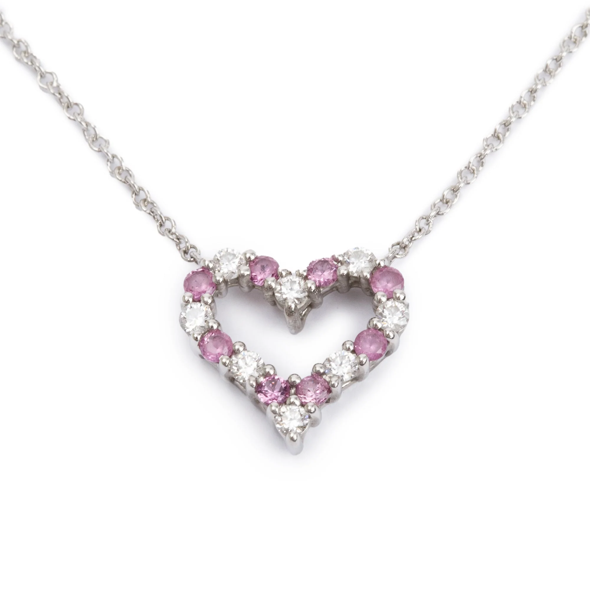 Tiffany & Co. Platinum Diamond & Pink Sapphire Mini Heart Pendant Necklace w/ Box - Image 4