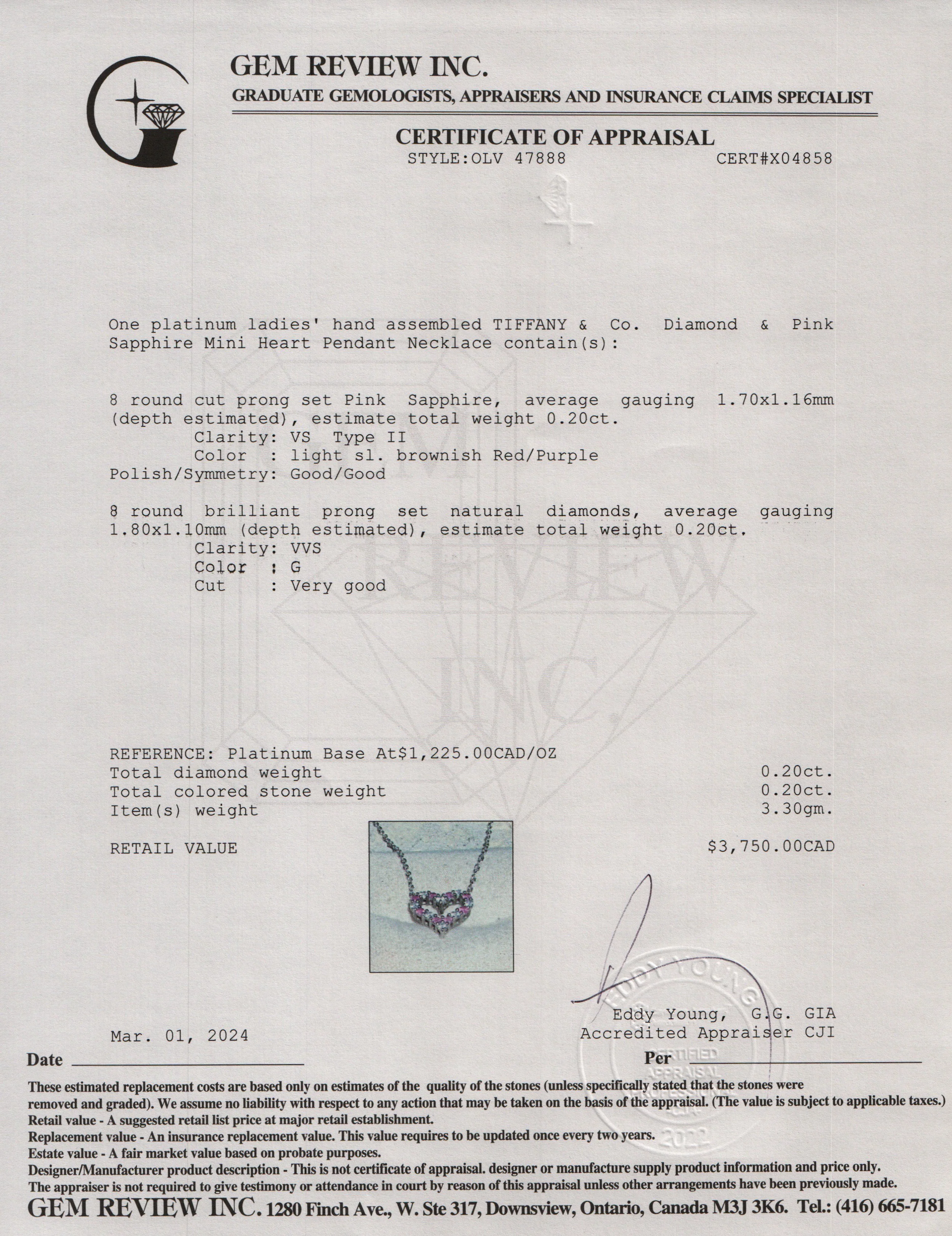 Tiffany & Co. Platinum Diamond & Pink Sapphire Mini Heart Pendant Necklace w/ Box - Image 8