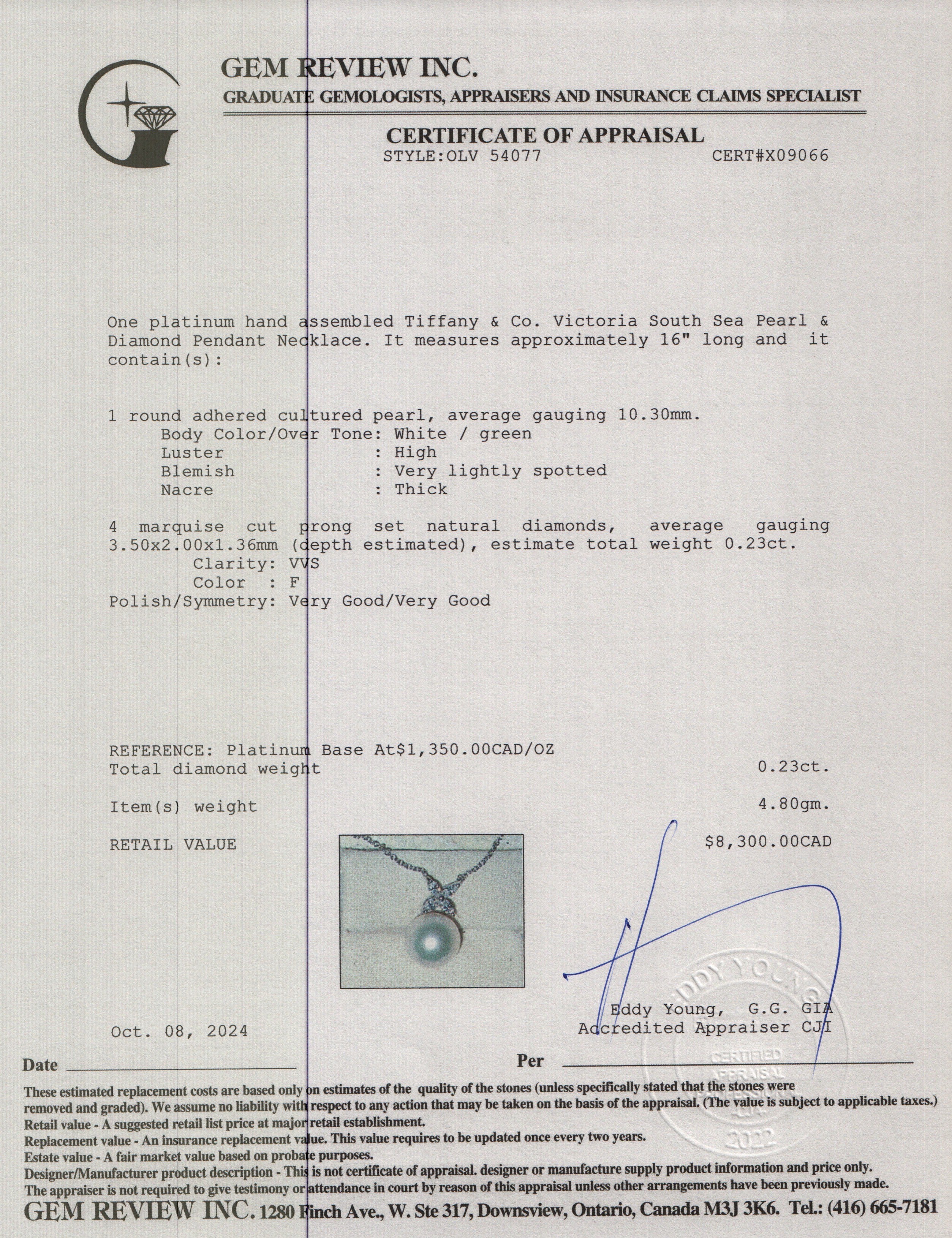 Tiffany & Co. Platinum Victoria South Sea Pearl & Diamond Pendant Necklace - Image 6