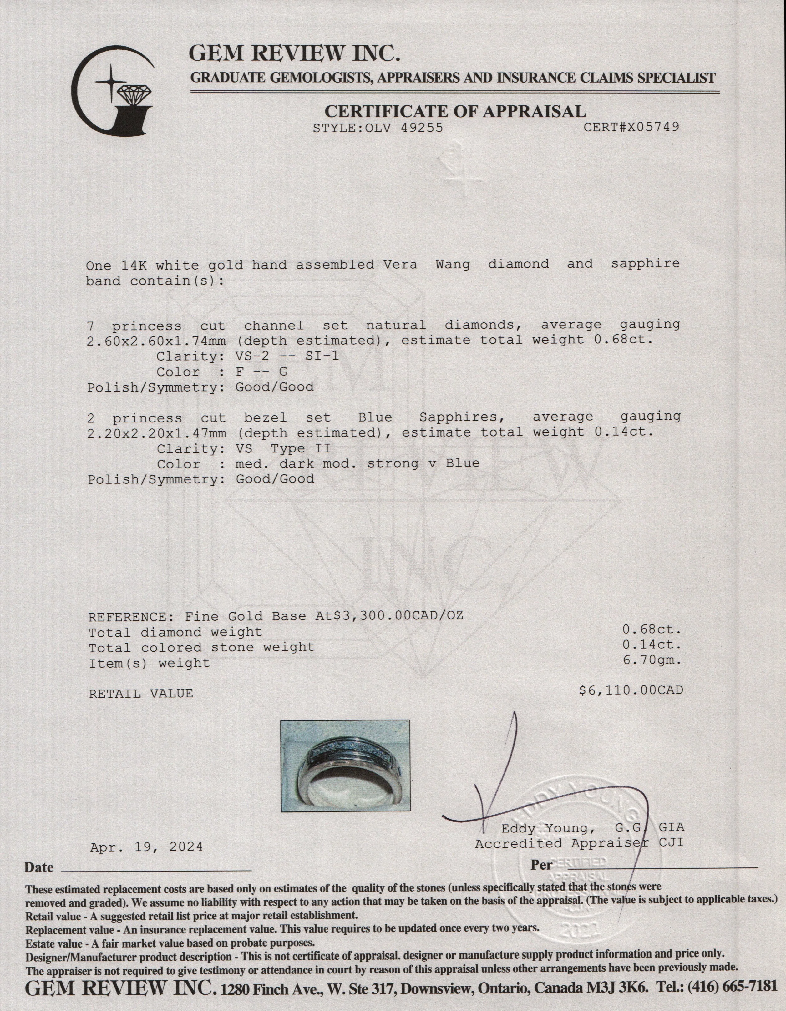 Vera Wang 14k White Gold Diamond & Sapphire Band Ring, Size 8.75 - Image 5